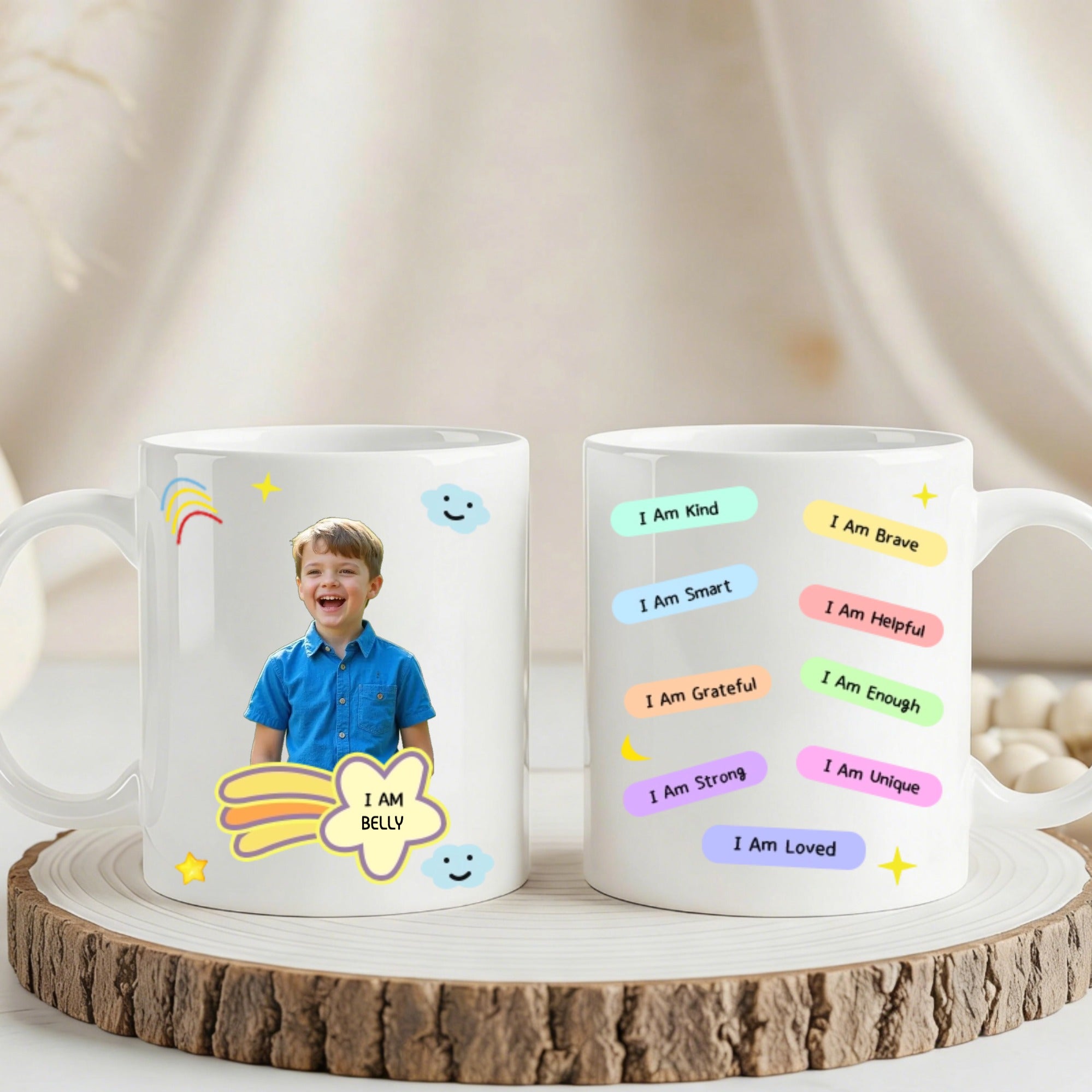 Personalized White Mug With Custom Photo And "I Am..." Affirmations—Perfect For The Back-To-School Season And As A Gift For School-Aged Children.