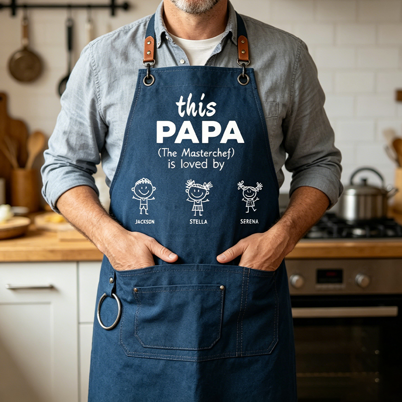 Personalized Canvas Apron – Featuring A Design That Says "Dad Is Loved By Kids," A Unique and Creative Father's Day Gift, A Custom Present For Dads And Grandpas.