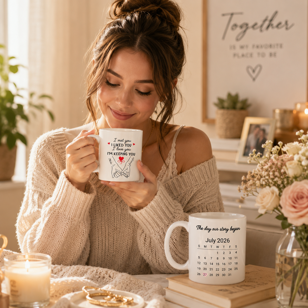 Personalized Couple Mug, Hand-Holding Art Design Featuring "The Beginning of All Stories", Thoughtful Romantic Present for Lovers