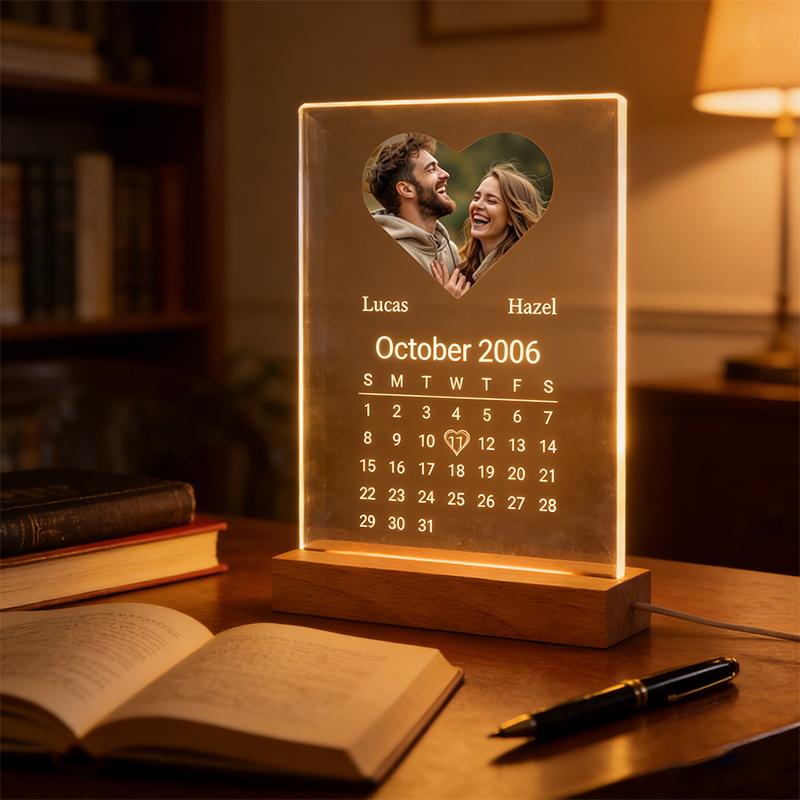 Customized heart-shaped photo orange night light calendar 3D luminous acrylic, LED commemorative gift, suitable for couples, anniversaries, weddings, Valentine's Day and other occasions.