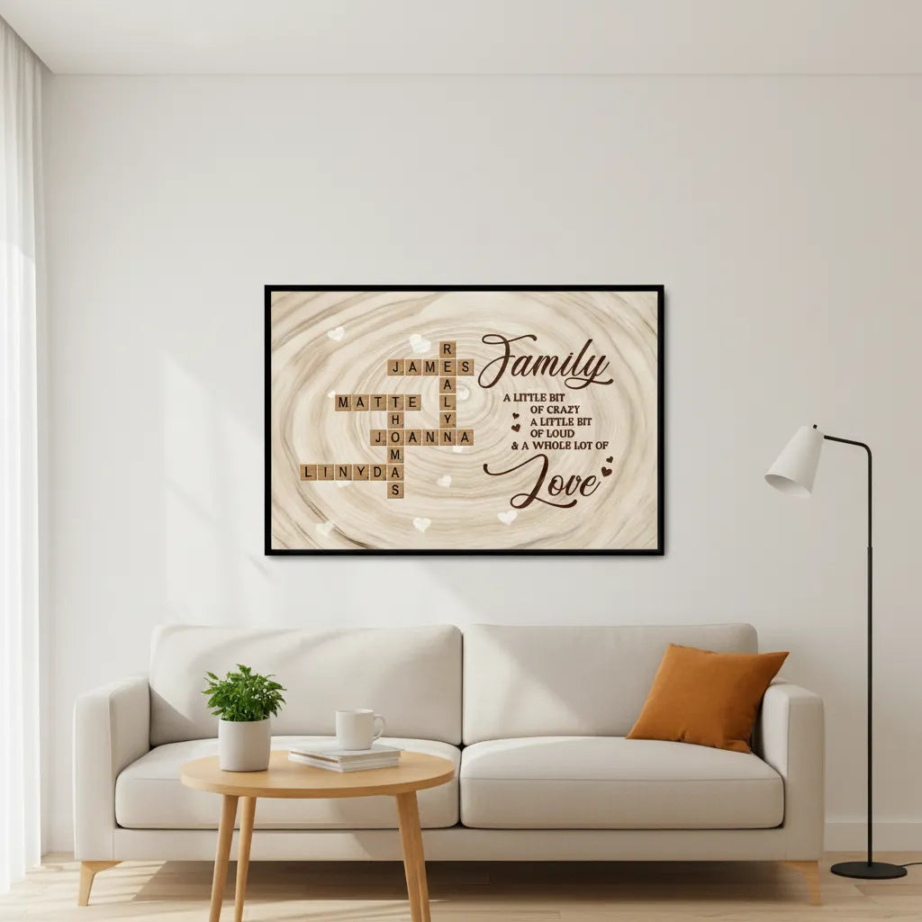 Custom Family Name Puzzle Crossword Personalized Wall Art Poster, Rustic Wood Look, Unique Gift for Family, Mom, Dad, Grandparents with a Whole of Love