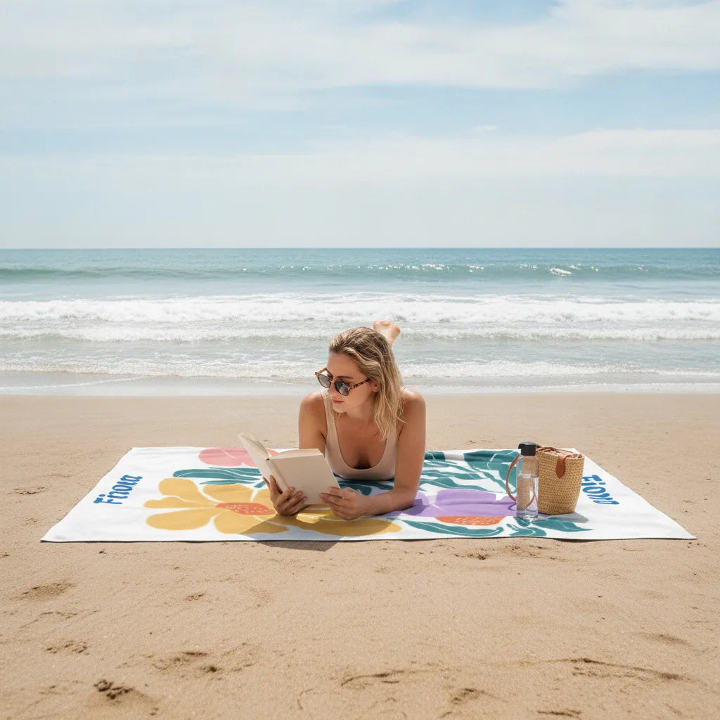 Personalized Retro Boho Floral Beach Towel Personalized Oversized Bath Towel for Summer Vacation, Pool Party & Travel Gift for Women