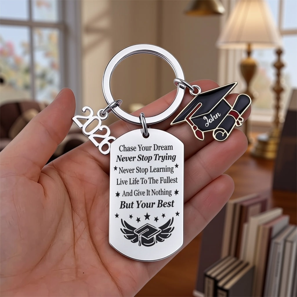 Personalized Custom "Beautiful Memories, Grand Ambitions" Graduation Commemorative Keychain. A Graduation Gift For Family Members And Classmates.