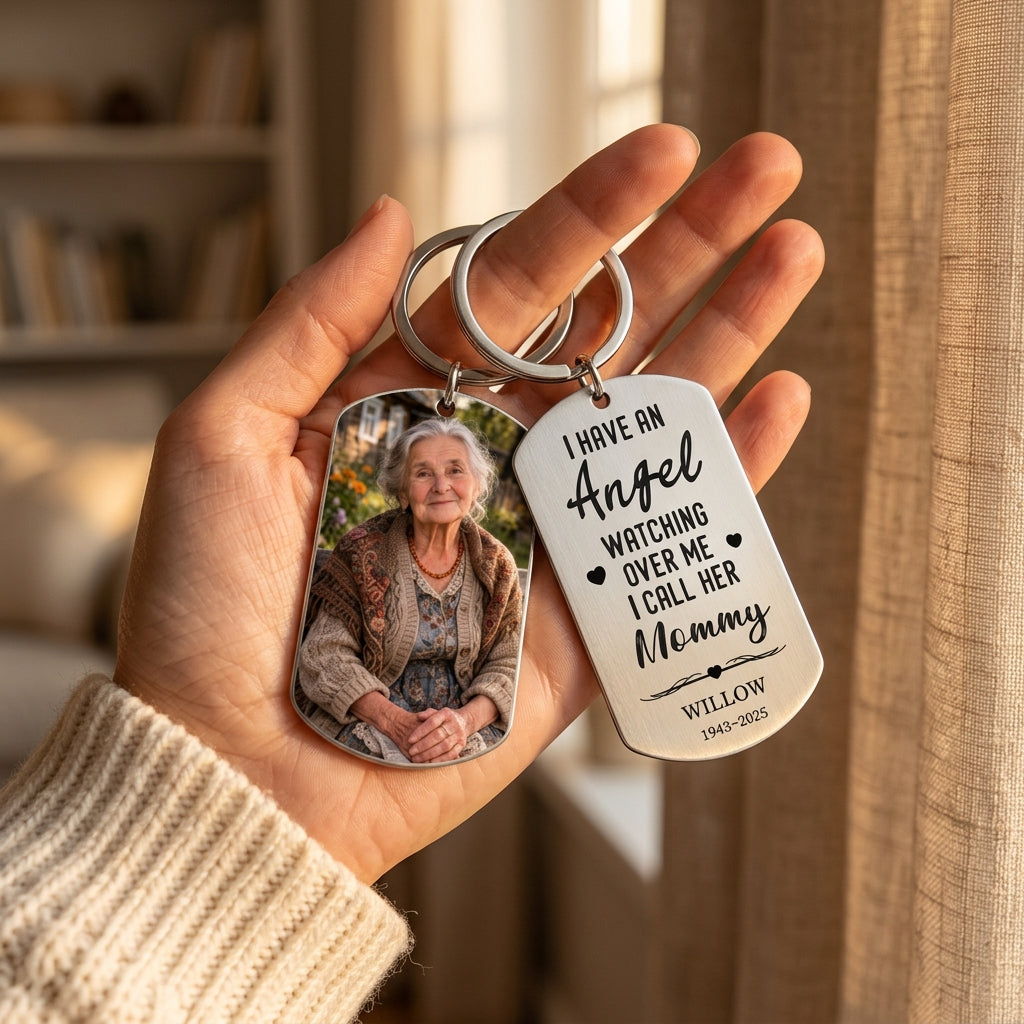 Personalized Stainless Steel Military Tag Keychain With Customized Photo And Text "Your Love Will Live On In My Heart"—A Commemorative Gift, A Keepsake For Family.