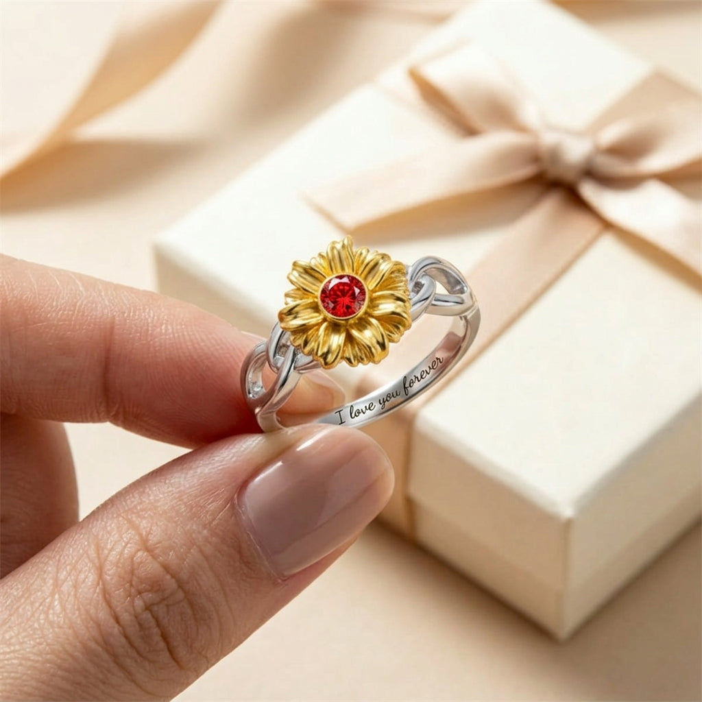 Sunflower Personalized Two-Tone Zircon Ring, Birthstone Gift for Her, Birthday Anniversary Jewelry with Custom Engraving