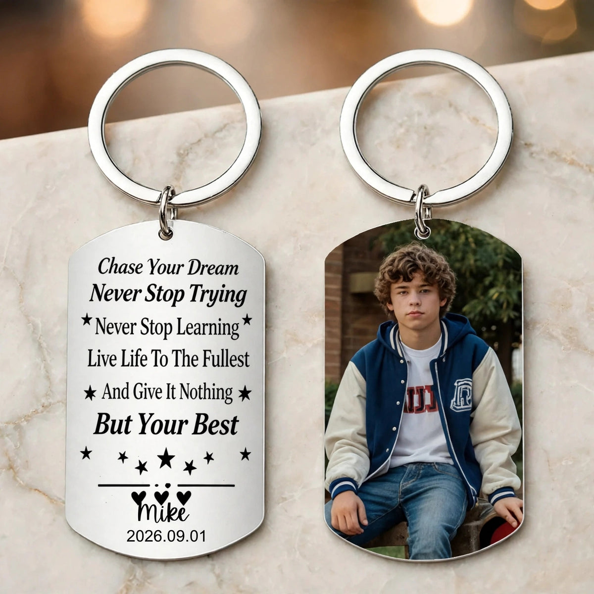 Personalizable Stainless Steel Photo Keychains, Thoughtful Encouragement Keepsake for New University Students and Back-To-School Youth