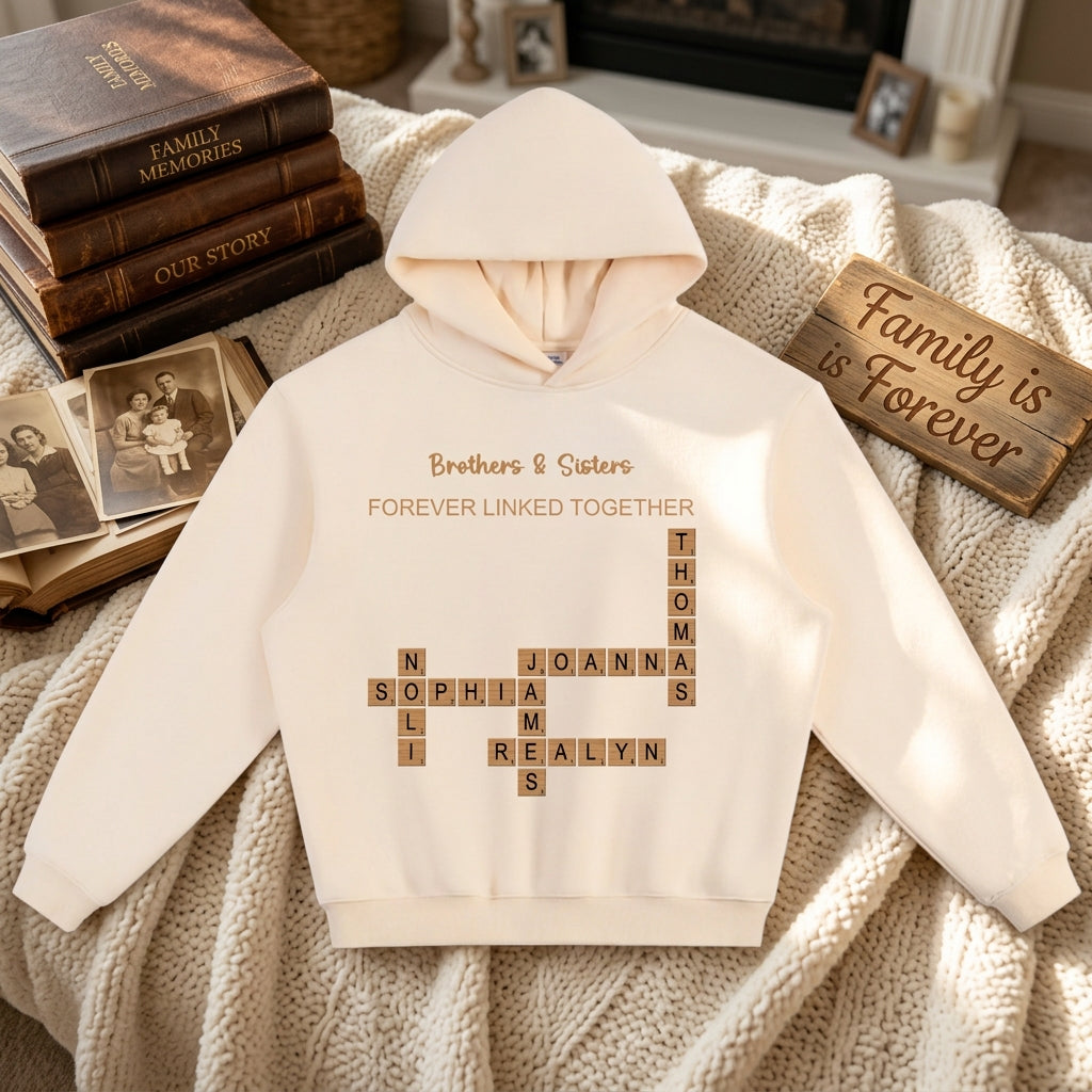 Custom Unisex Cropped Heavyweight Crossword Art Hoodie – Forever Linked Together | Personalized Name Pullover-Perfect for Siblings, Family & Any Unique Connection