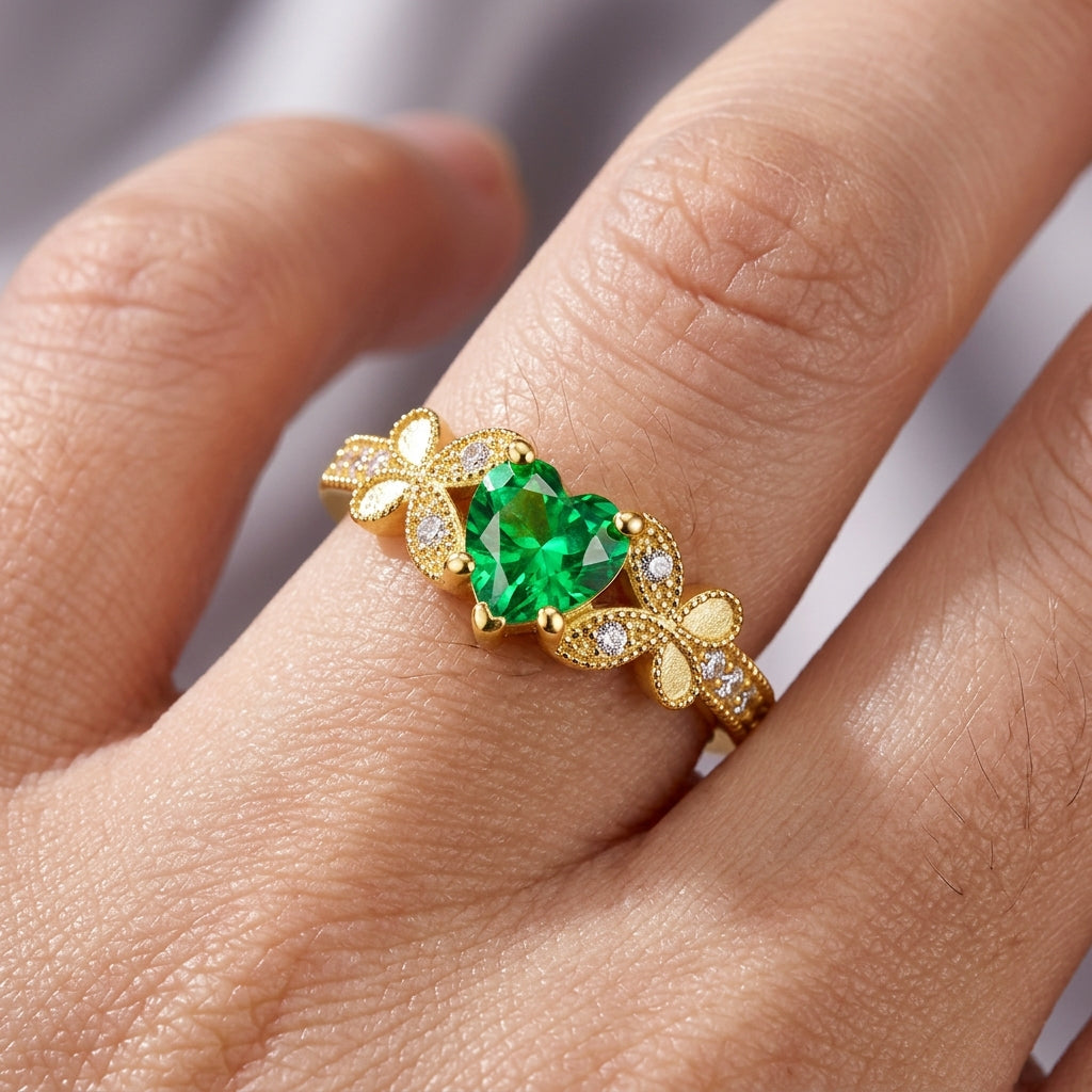 Heart-Shaped Ring Featuring A Butterfly And Cubic Zirconia; Custom With A Name And Birthstone—An Ideal Gift For Women For Birthdays, Anniversaries, Or Valentine's Day.