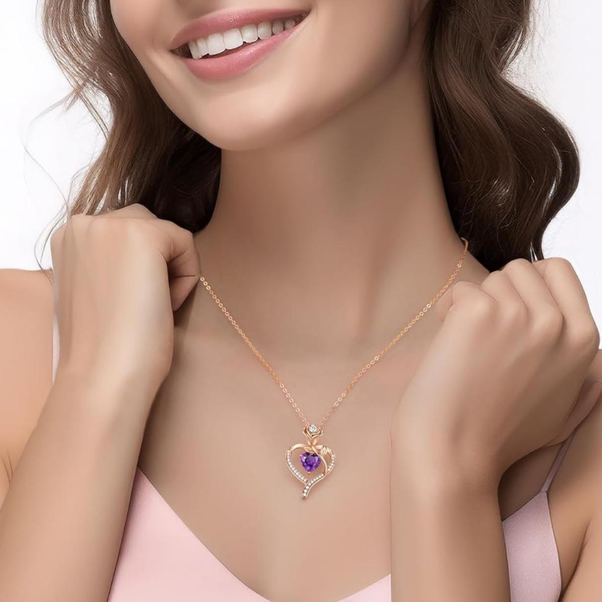 Heart and Rose Personalized Birthstone Necklace, Romantic Gift for Her, Perfect for Birthdays, Valentine’s Day, Anniversaries