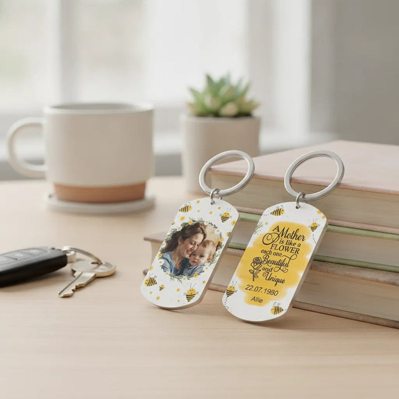 Personalized Mother's Day Bee Photo Keychain - "A Mother is like a Flower" Custom Acrylic Gift