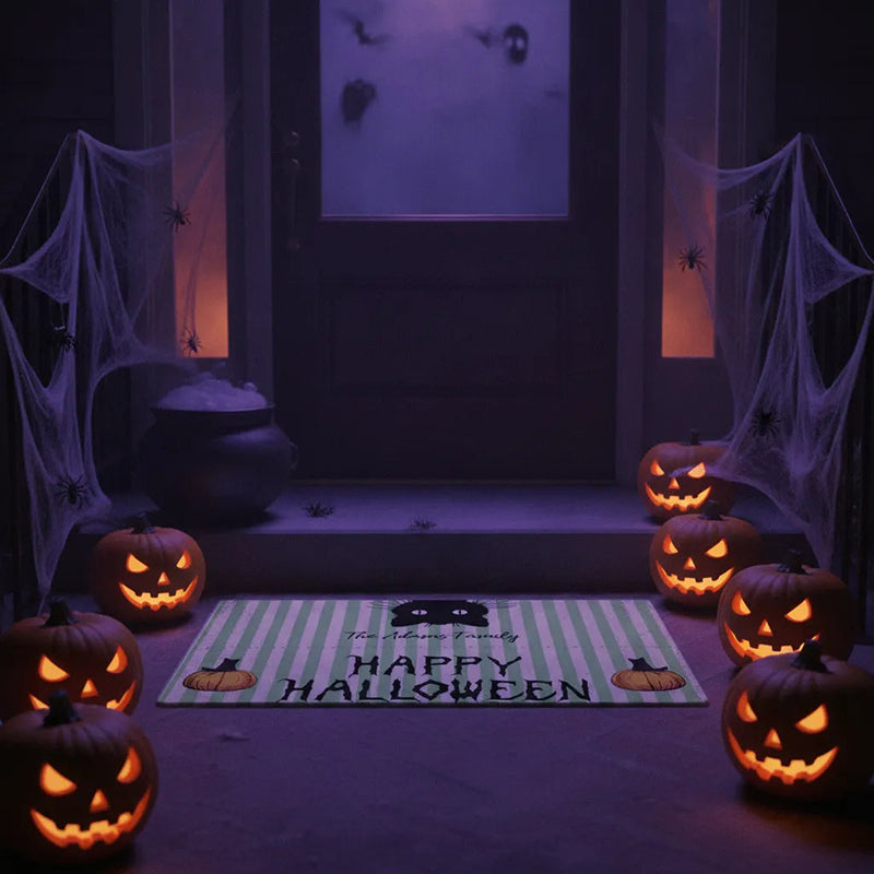 Personalized Halloween Family Doormat with Black Cat & Pumpkins - Custom Last Name Welcome Mat