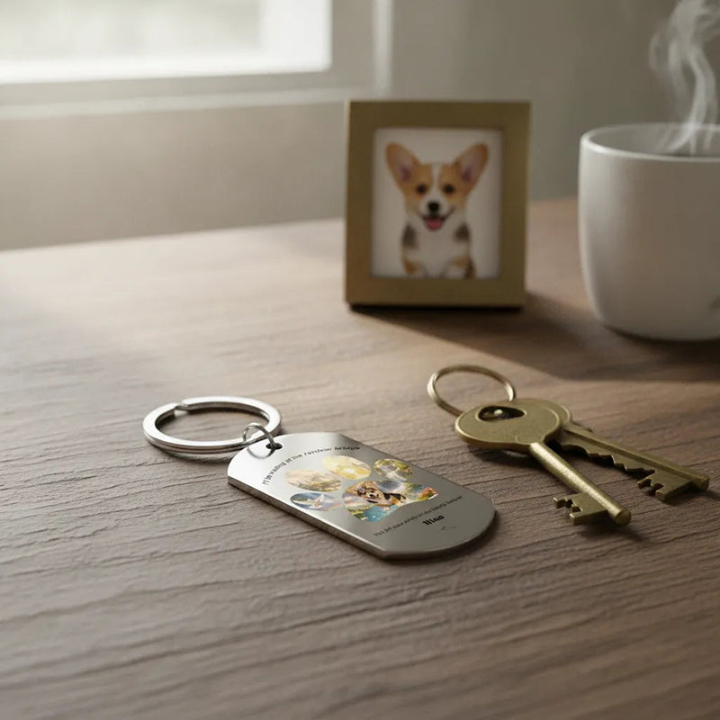 Custom Pet Memorial Dog Tag Keychain - Rainbow Bridge Pet Loss Sympathy Gift with Custom Photo & Name
