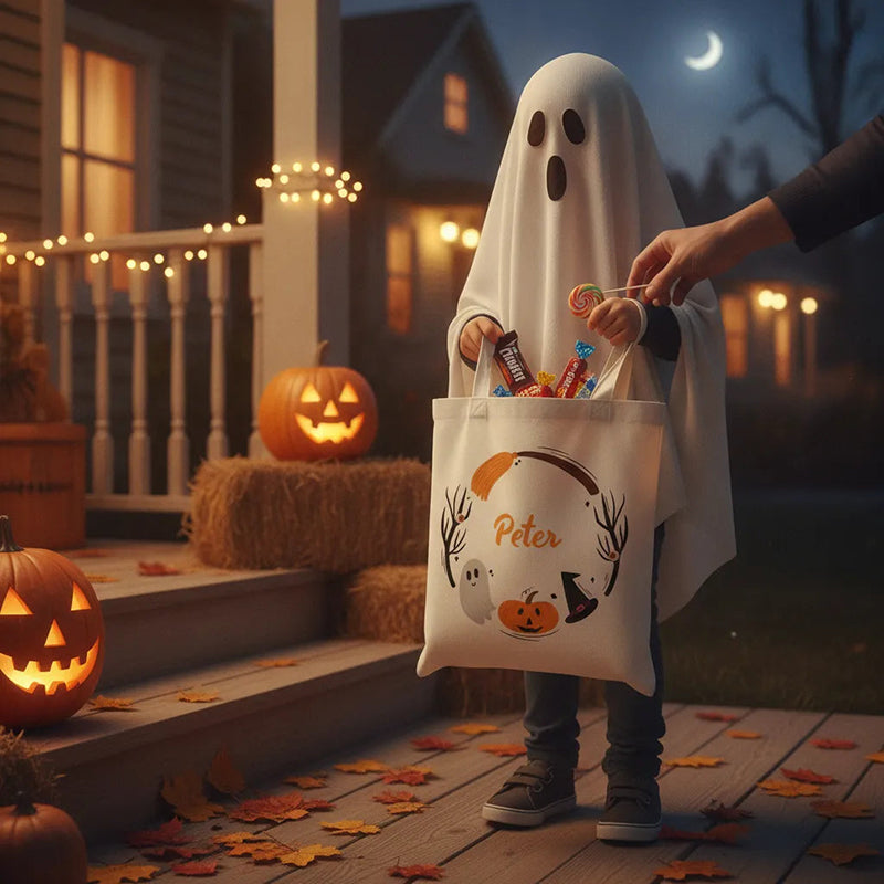 Custom Halloween Tote Bag with Name, Personalized Spooky Pumpkin & Ghost Gift Bag, Halloween Party Favor