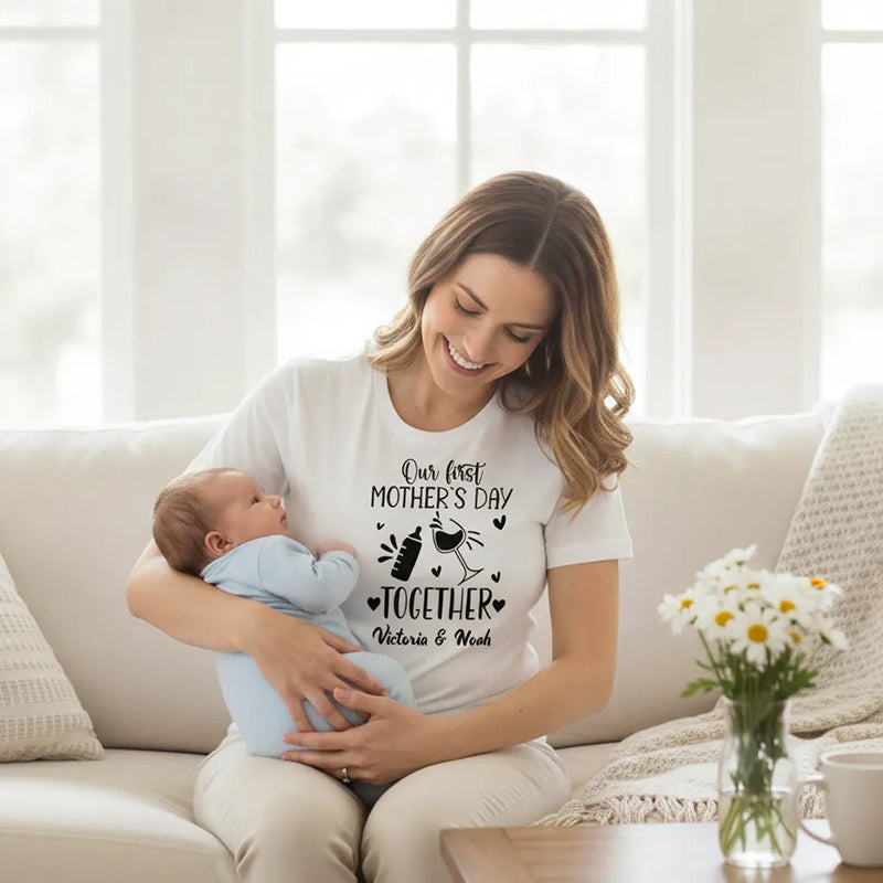Our First Mothers Day Shirt, Custom New Mom T-Shirt, First Mother's Day Gift, Personalized New Mom Tee, Baby Bottle and Wine Glass Matching Shirt