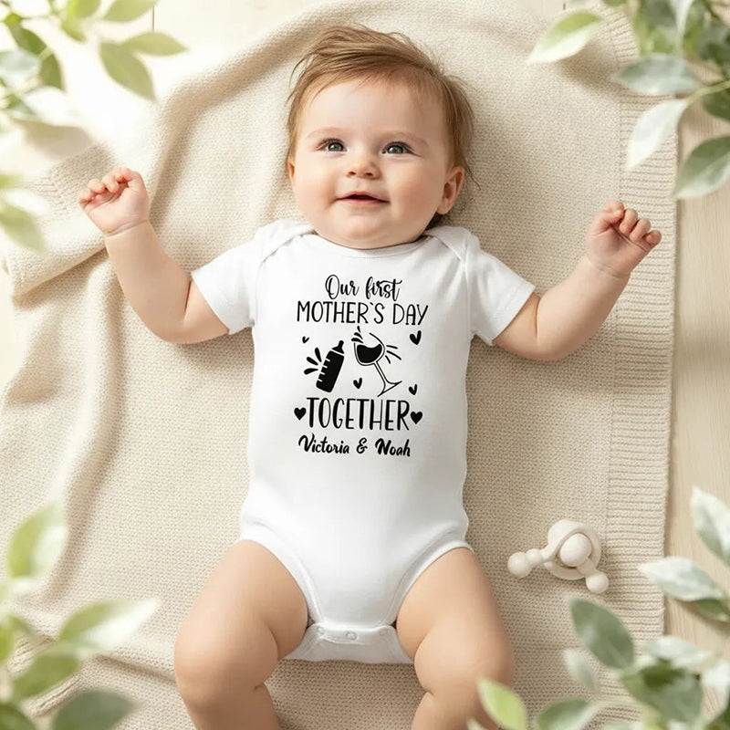 "Our First Mother's Day Together" Custom Baby Bodysuit - Personalized New Mom & Baby Keepsake - Cute Wine and Bottle Infant Romper