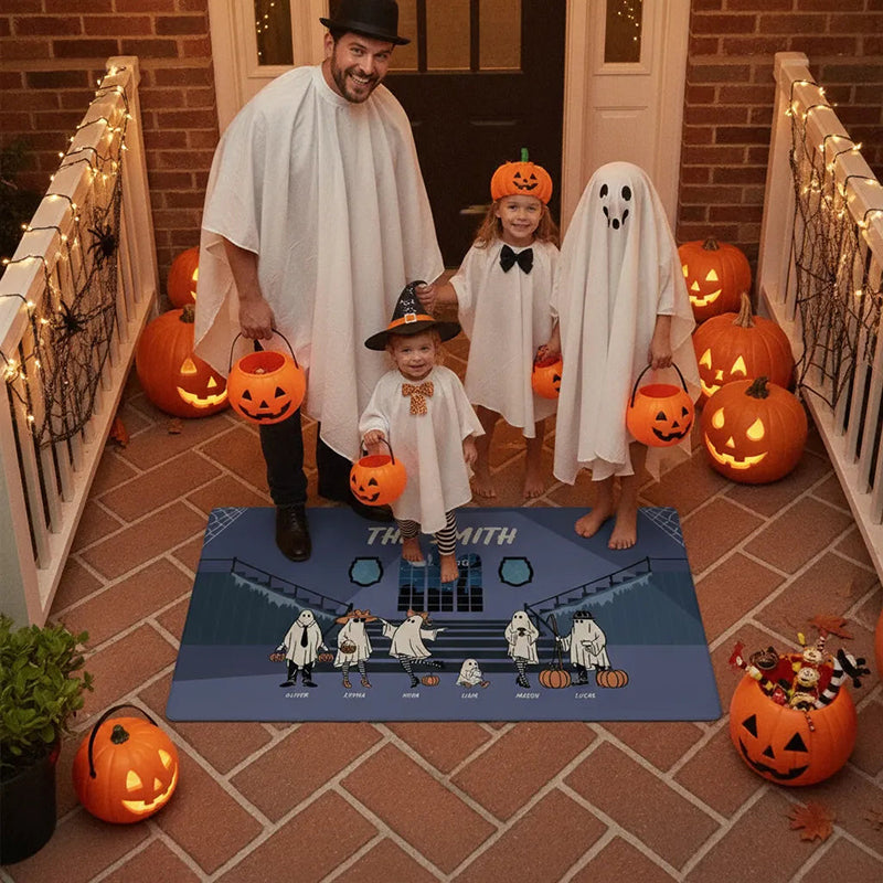 Personalized Halloween Family Ghost Doormat, Custom Last Name & Year Spooky Welcome Mat, Cute Ghost Family Front Porch Decor