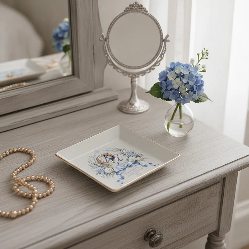 Personalized Wedding Ring Tray, Custom Couple Initials & Names Ceramic Trinket Tray, Blue Floral Wedding Gift, Engagement Ring Holder