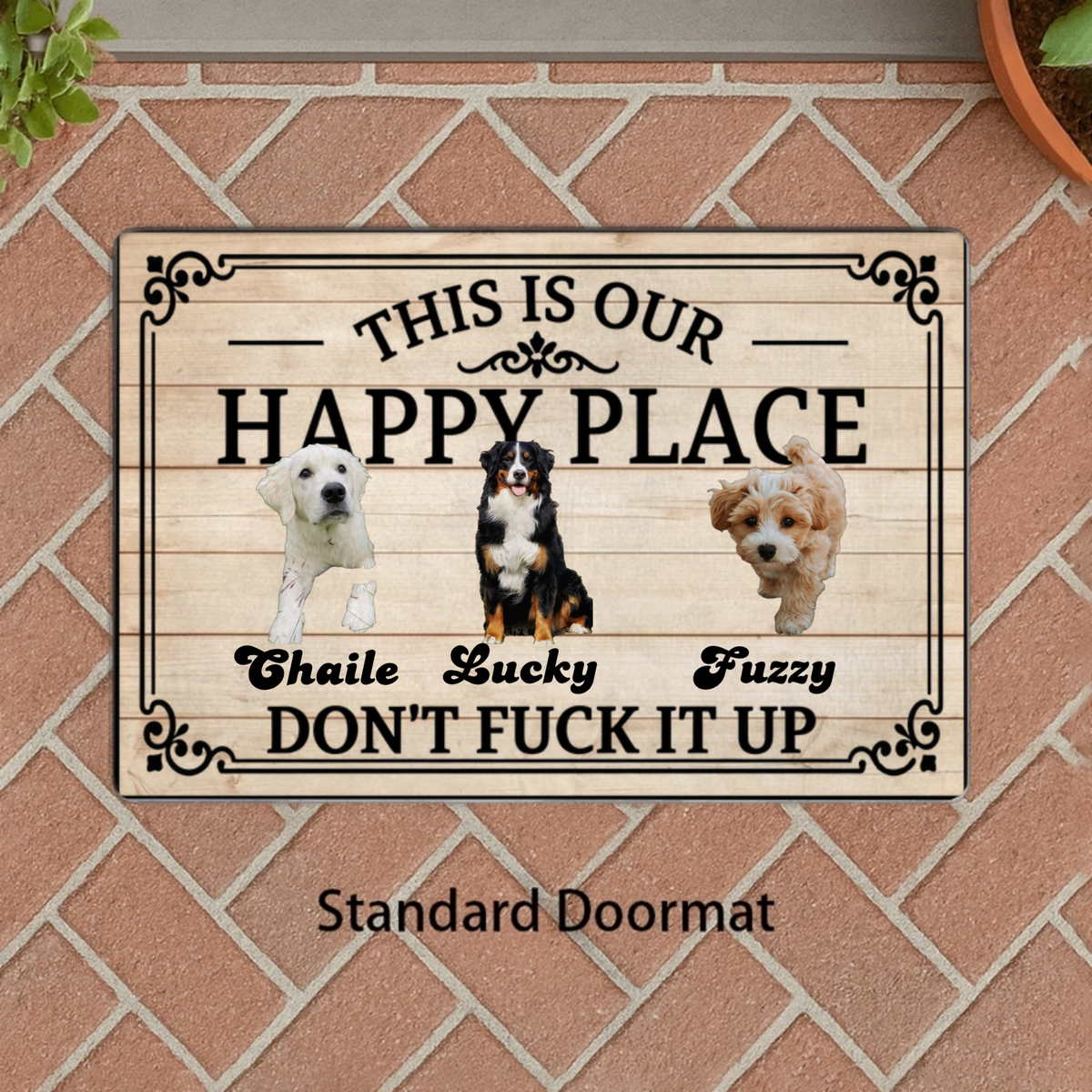 Personalized Custom Door Mat With Quote "This Is Our Happy Place", Custom Photo, Dog Breed & Dog Count Personalized Entryway Doormat, Thoughtful Housewarming Gift for Dog Lovers