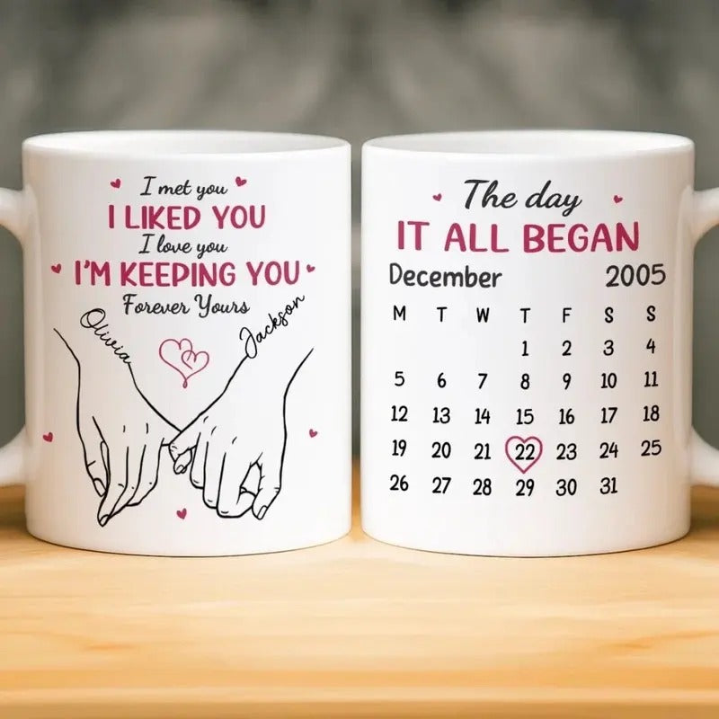 "Hand in Hand, Heart to Heart" Ceramic Mug – Personalized Anniversary or Wedding Gift for Him and Her – The Day It All Began