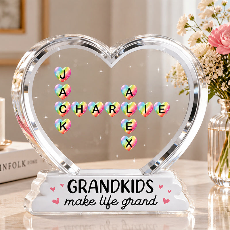 Grandkids Make Life Grand Crossword Puzzle Art Colorful Hearts 2D Flat - Personalized Acrylic Block Plaque - Gift For Grandma