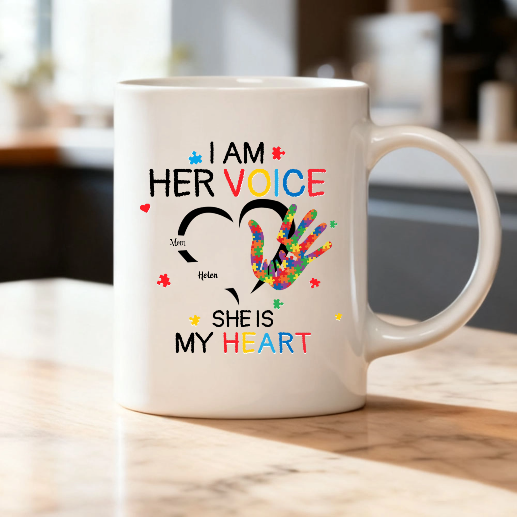 Personalized Autism Awareness Classic Mug — "I Am Their Voice; They Are My Heart" (Featuring Puzzle-Piece Hand Design) — A Unique Gift for the Special Needs Community