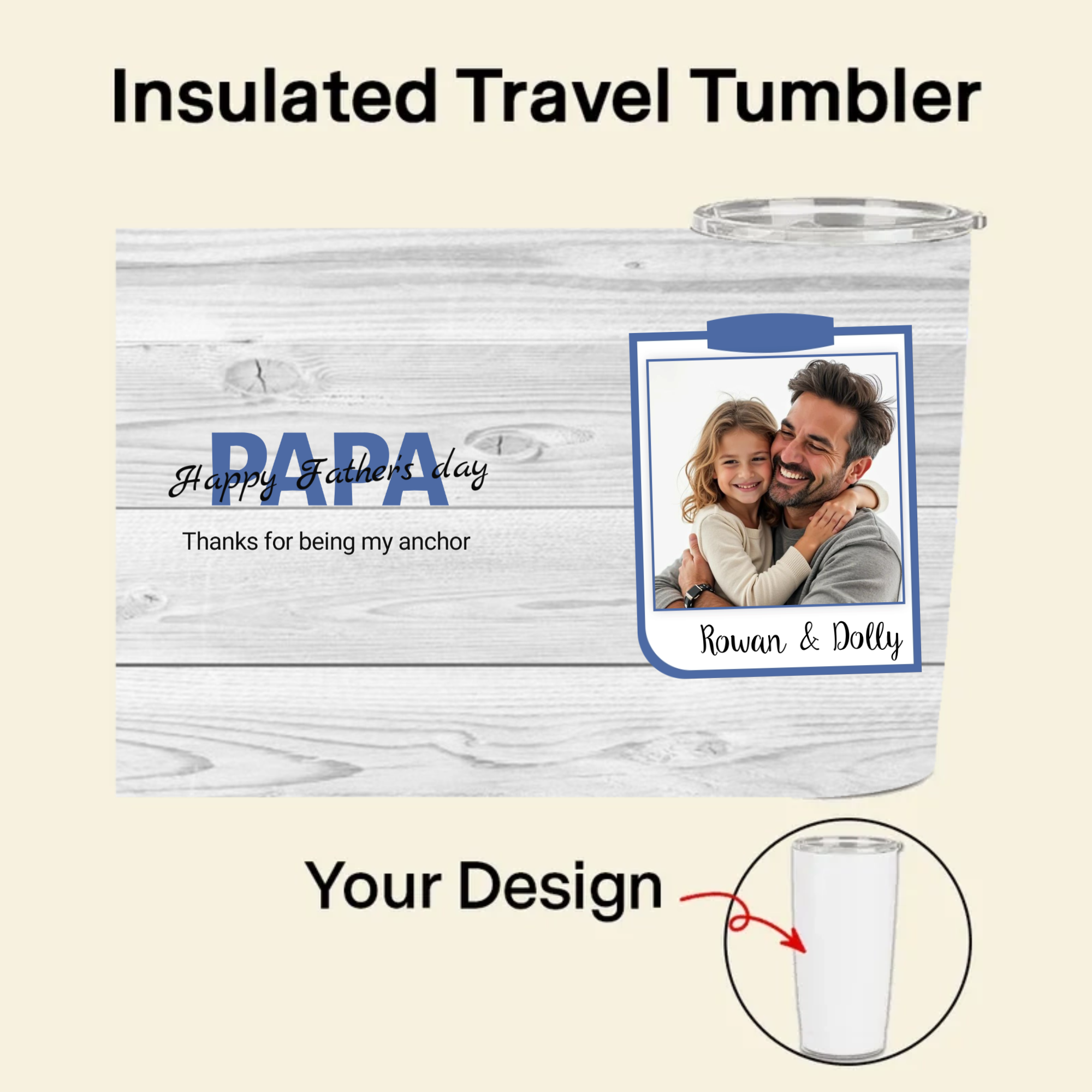 Personalized Insulated Travel Tumbler, Custom Photo Father's Day 20oz Stainless Steel Car Cup for Dad Grandpa Husband Gift