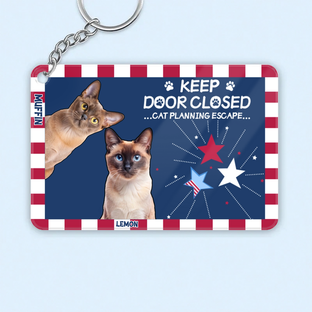 Personalized Acrylic Keychains, Custom With Cat Photos And Names, Featuring Cat Escape Plans Designs—The Perfect Gift For Pet Lovers.