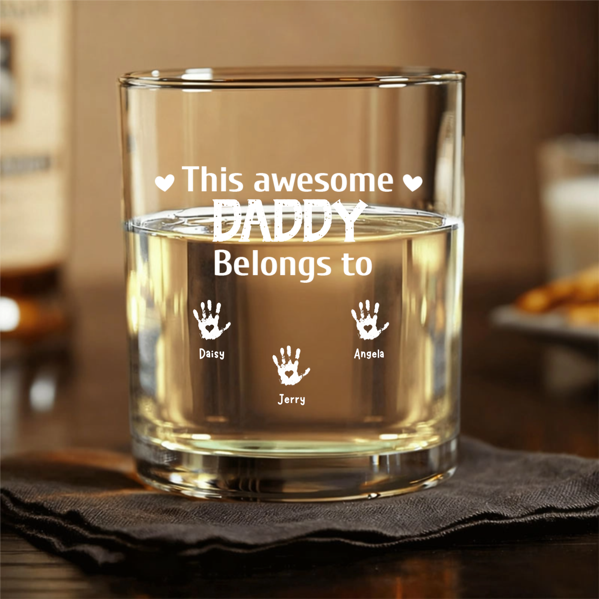 Personalized Daddy/Papa Whiskey Glass, Custom Kids Names Handprints Father's Day Gift for Dad from Children, 11oz