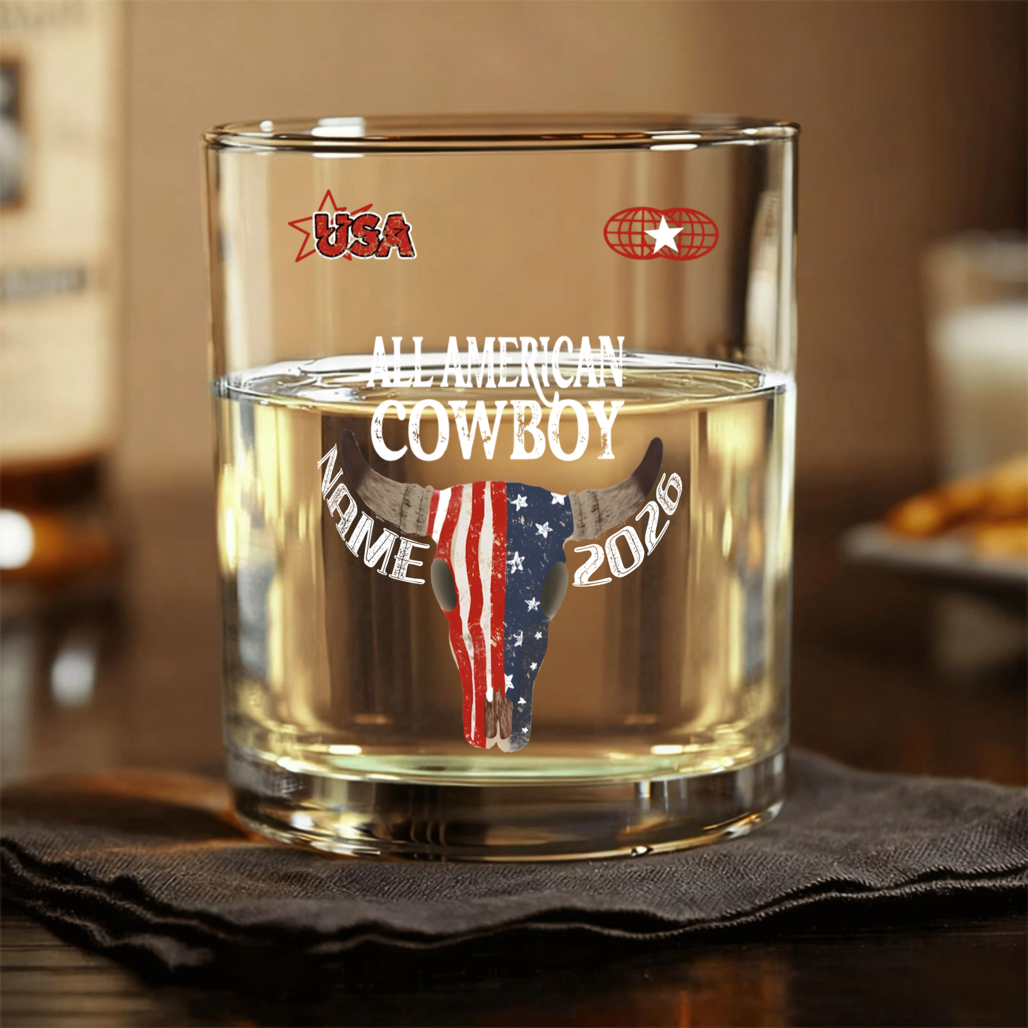 Personalized American Flag Cowboy Skull Print, Custom Western Whiskey Tumbler, The Perfect Gift For Rodeo & Patriotic Fans