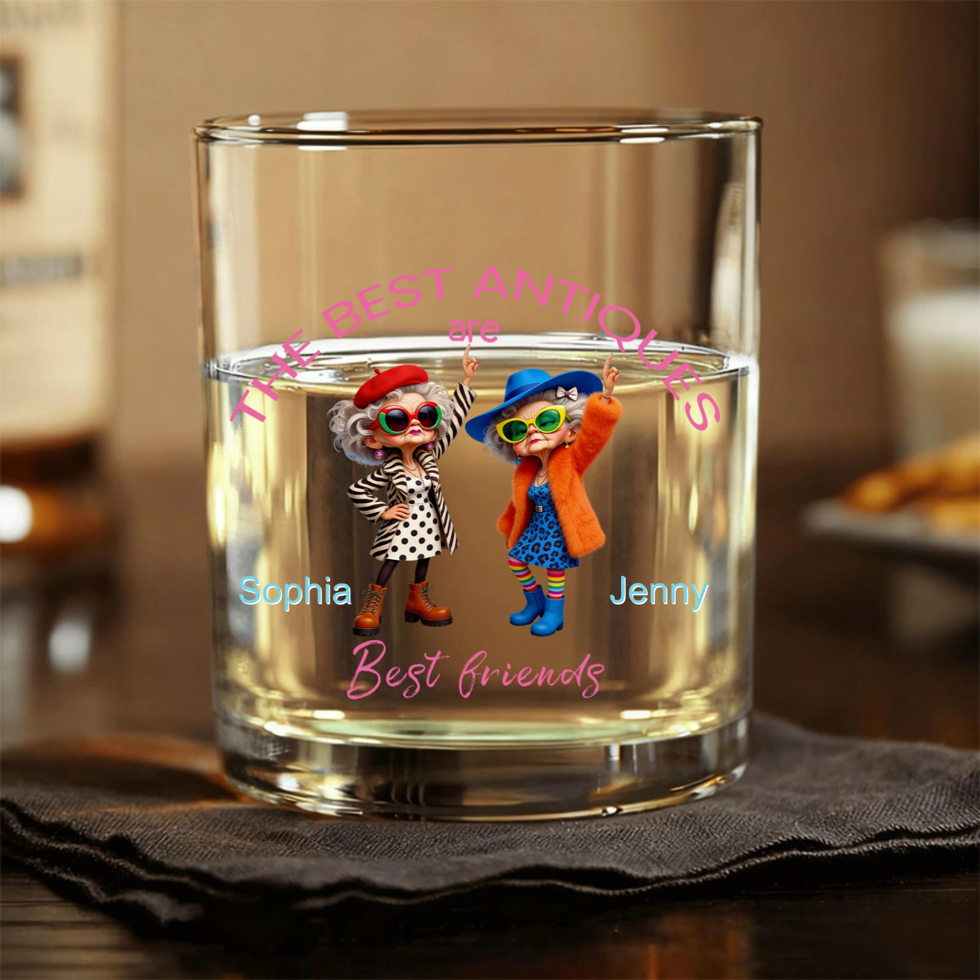 Vintage Ladies Illustration Personalized Whiskey Glass, Gift for Best Friends, Perfect for Birthday, Mother's Day, Retirement, Friendship Celebration