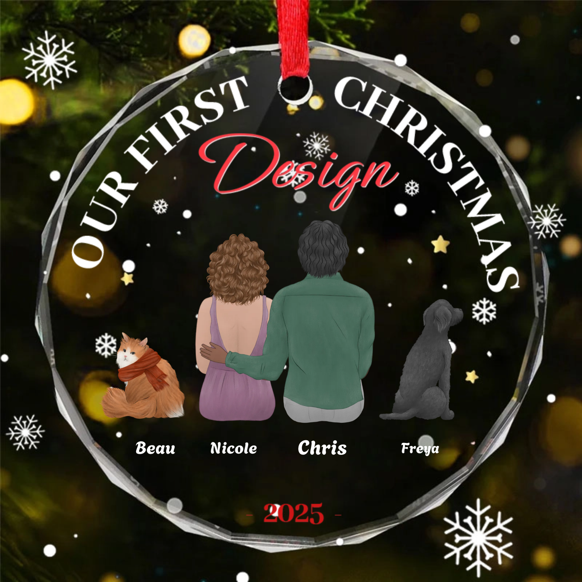 Personalized Crystal Couple and Pet Christmas Ornament, Gift for Couples and Pet Lovers, Christmas Tree Decoration and Anniversary Celebration
