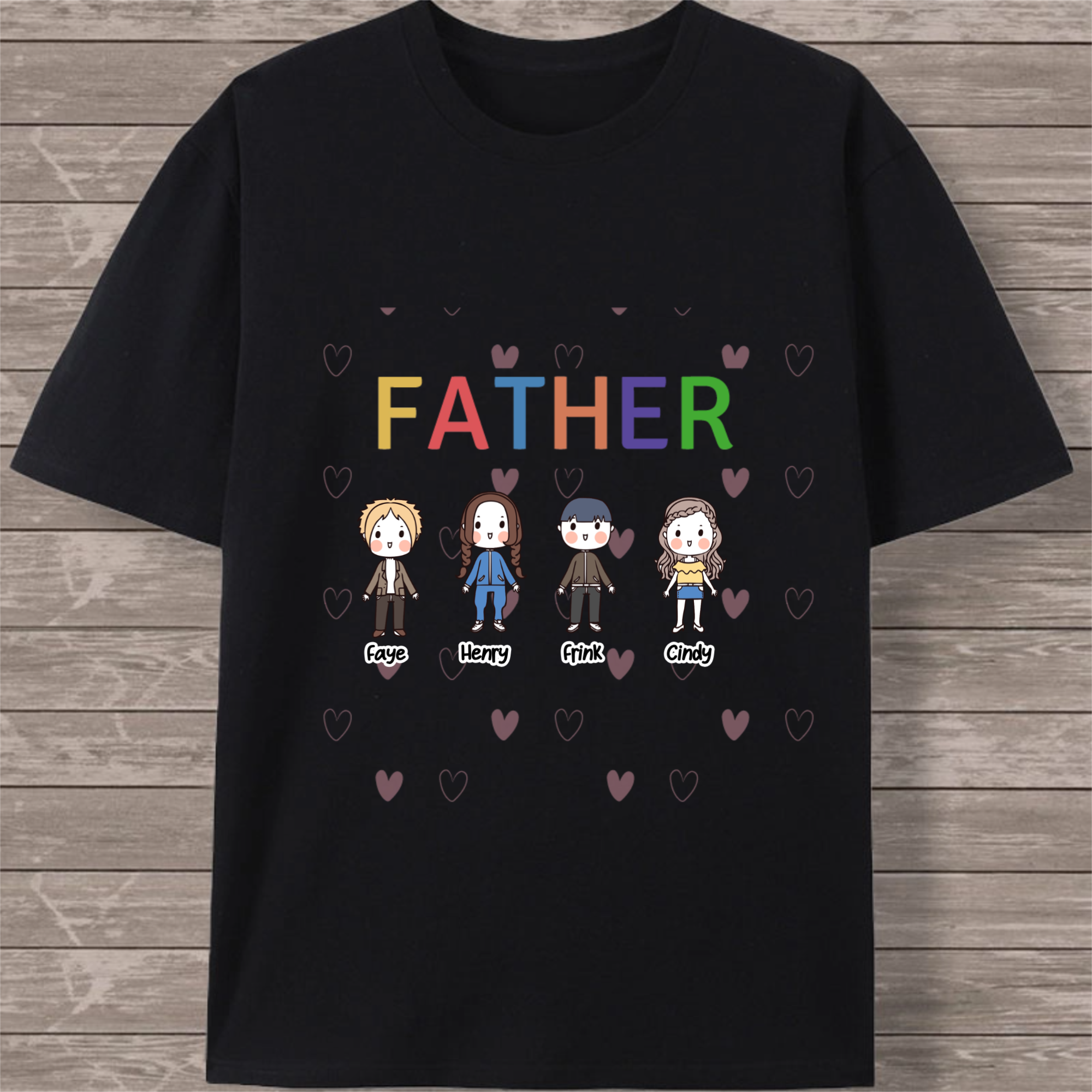 Personalized Family T-Shirt, Customizable "Mother/Father/Mommy" Title, Kids Cartoon Avatars, Custom Names & Colors, Cotton Crewneck for Parents, Gift for Father’s Day / Mother’s Day / Birthdays