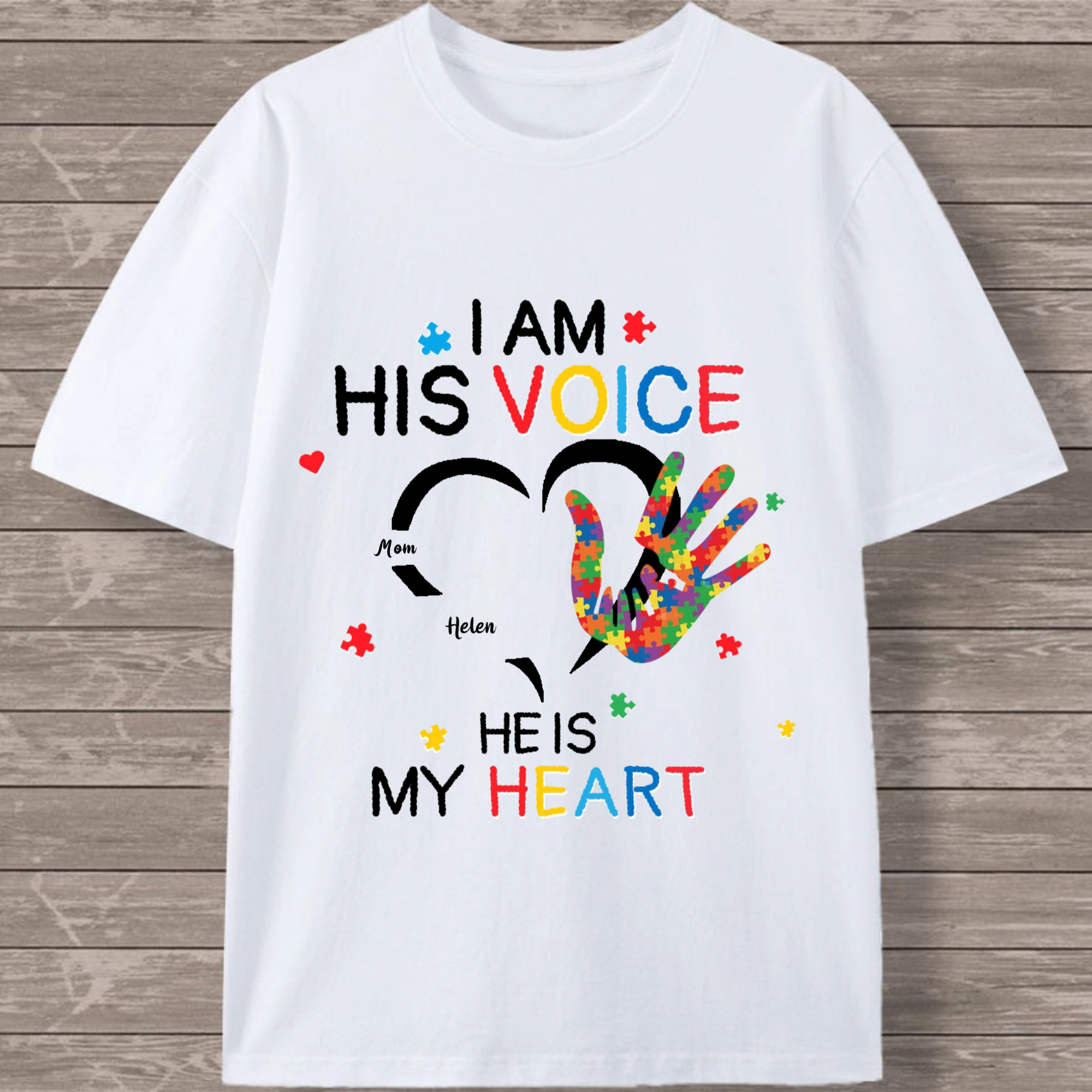 Personalized Autism Awareness Classic Tee I Am His Voice He Is My Heart Puzzle Hand Unique Gift for Mom