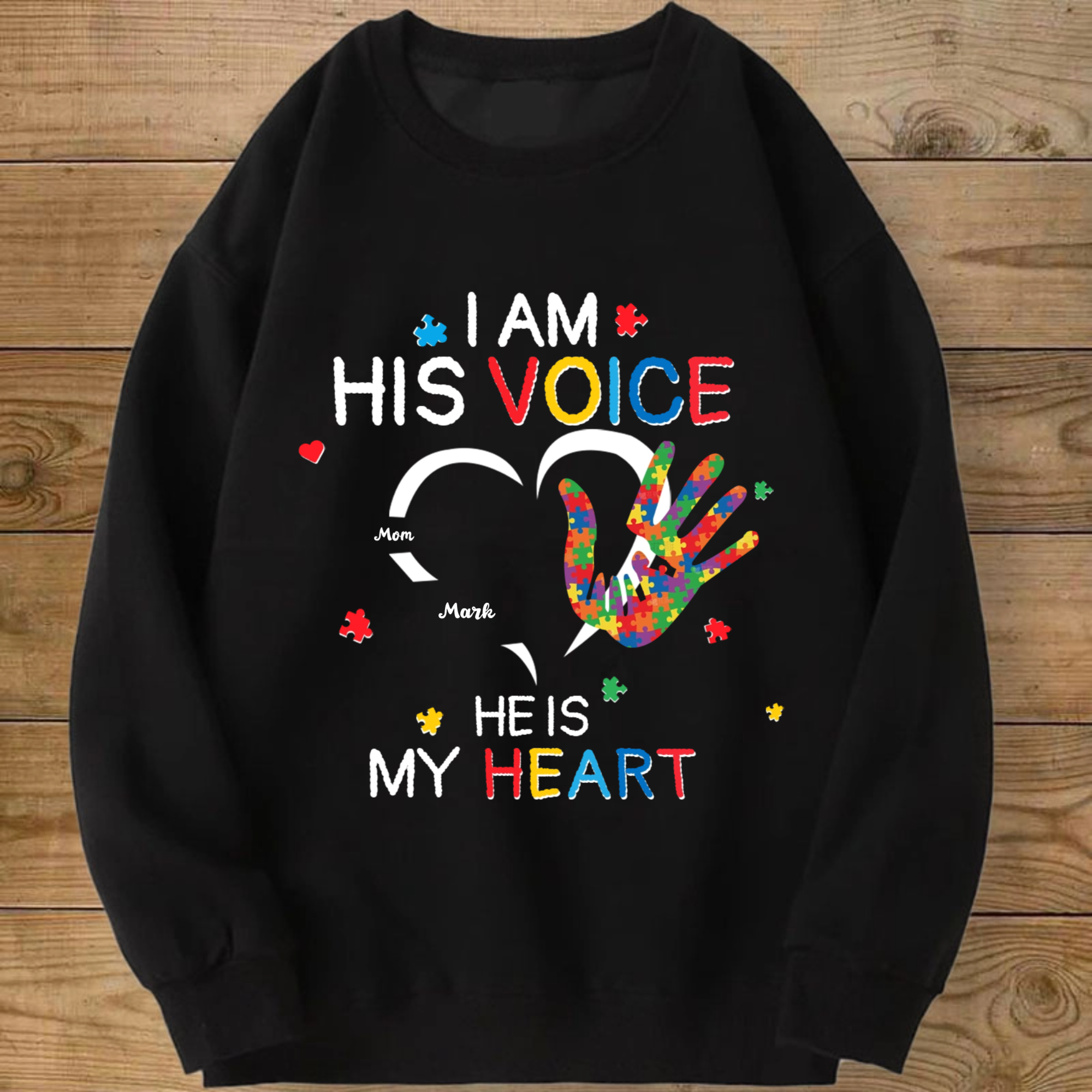 Personalized Autism Awareness Hoodie — Featuring a "I Am His Voice, He Is My Heart" Puzzle-and-Hand Motif; Customizable with Names and Titles; A Perfect Birthday Gift for Moms, Dads, and Sensory-Sensitive Boys and Girls.