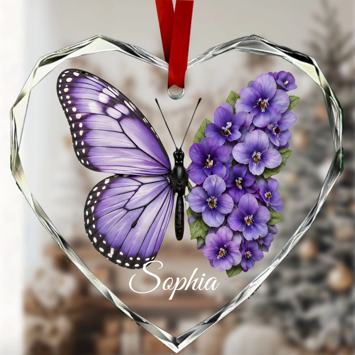 Personalized Birth‑Flower & Butterfly Design, Custom Heart‑Shaped Crystal Ornament, Perfect Gift For Loved Ones