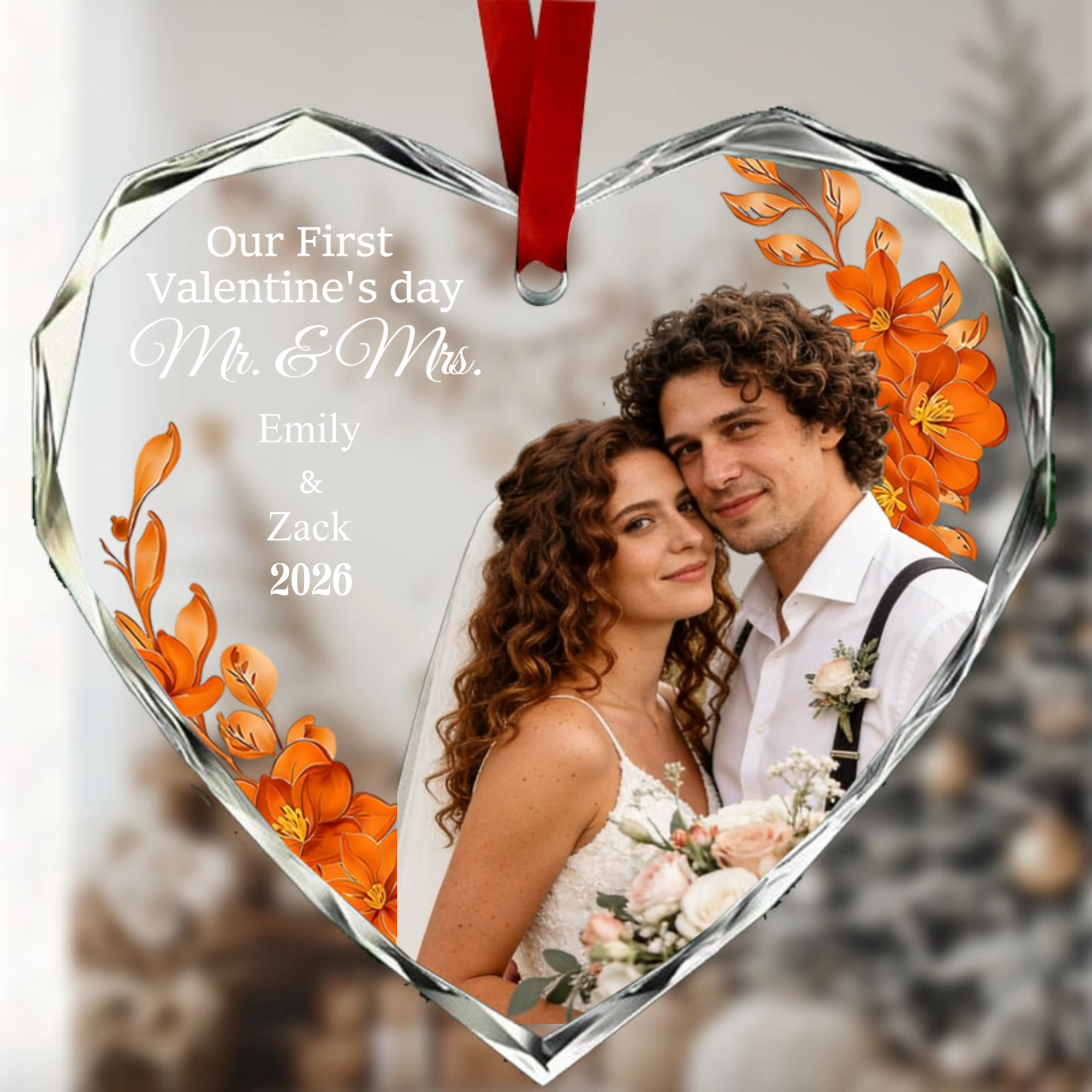 First Valentine‘s Day Married Personalized Crystal Ornament, Gift for Engaged Couples, Newlyweds, Perfect for Valentine's Day, Wedding, Anniversary