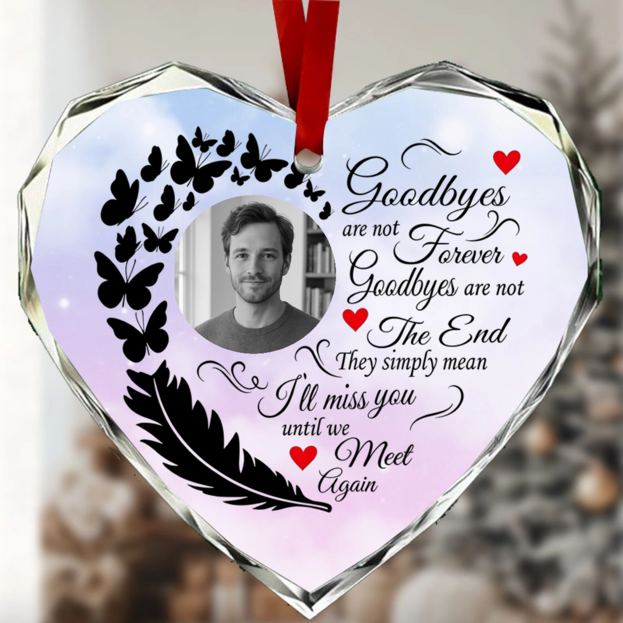 Personalized Heart-Shaped Crystal Glass Pendant – Custom Photo And Text; A Heartfelt Keepsake For Those Mourning A Loved One.