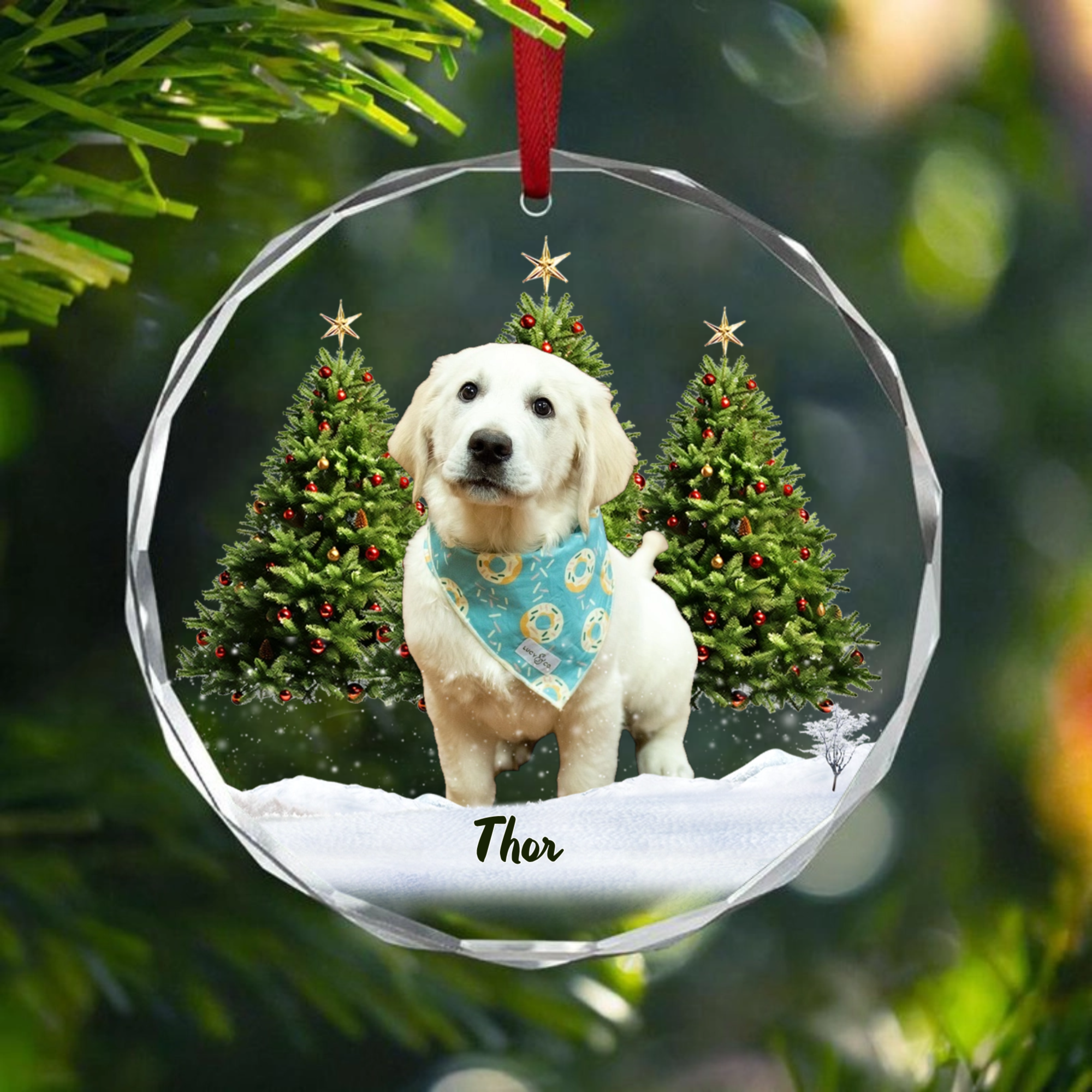 Crystal Ornament with Pet Portrait and Snowy Pine Scene, Festive Keepsake and Perfect Gift for Pet Lovers