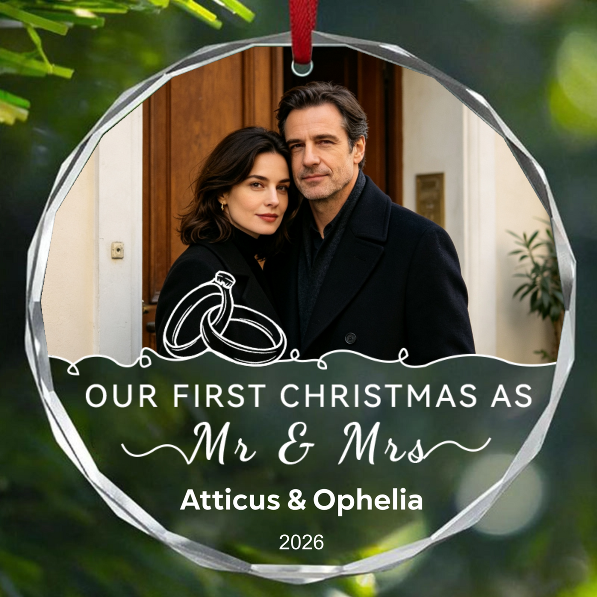 "Our First Christmas Engaged" – Round Crystal Ornament, Personalized Christmas Decoration, Keepsake for Engagements, Weddings, and Newlyweds
