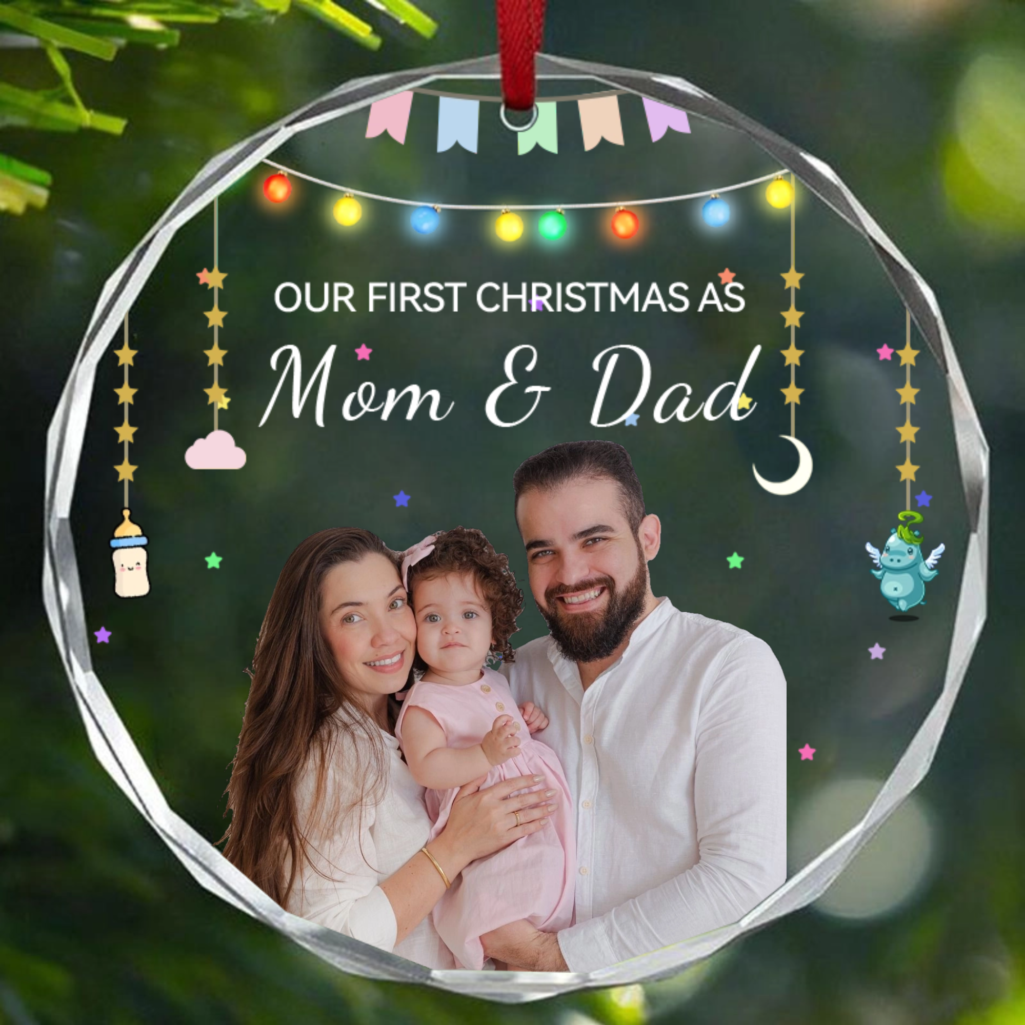 Personalized Crystal Round Ornament, Custom Photo & Quote Christmas Decor, Gift for New Parents, Family of Three, First Christmas Together