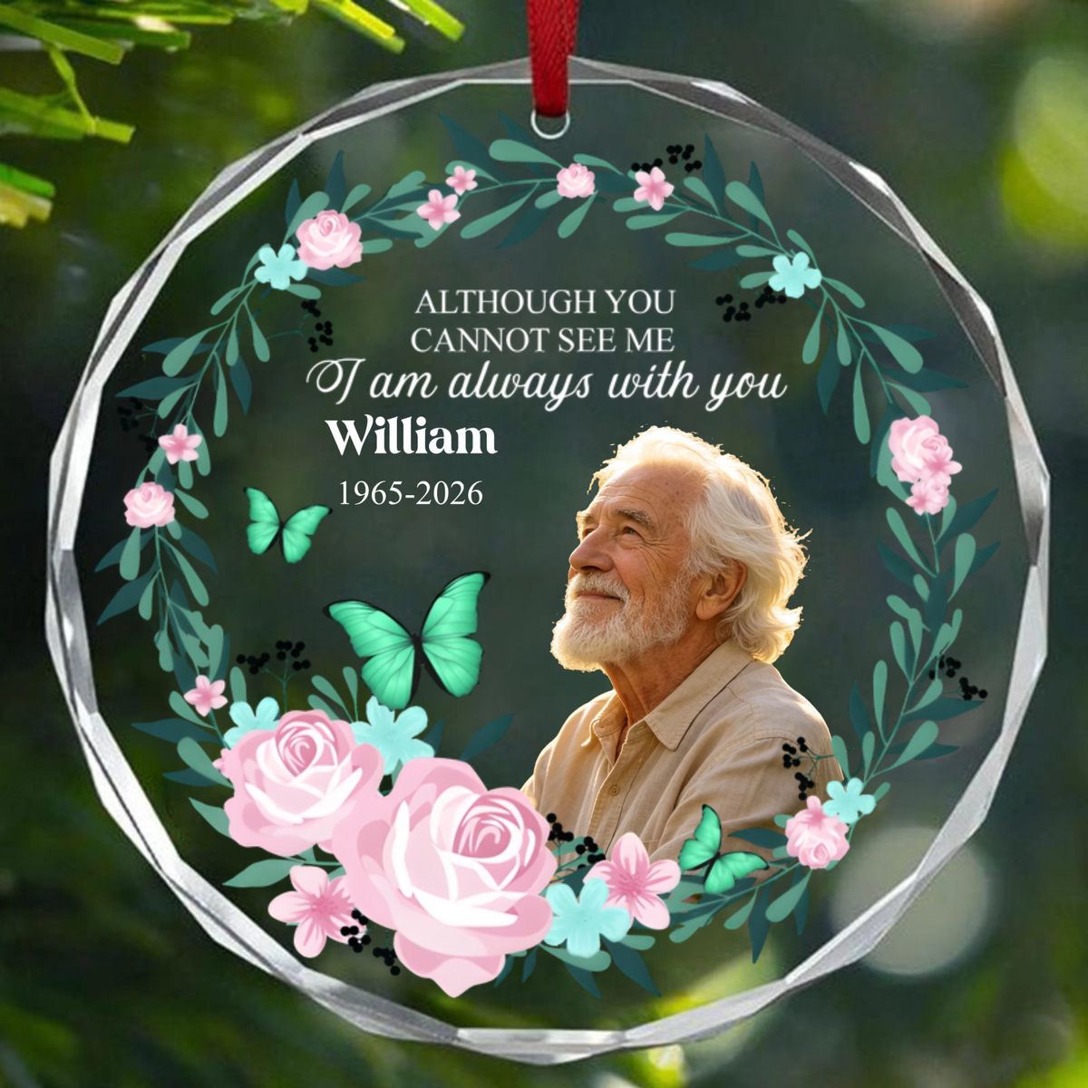 Personalized Floral Butterfly Wreath Design, Custom Photo Crystal Ornament, The Perfect Gift For Memorial Remembrance