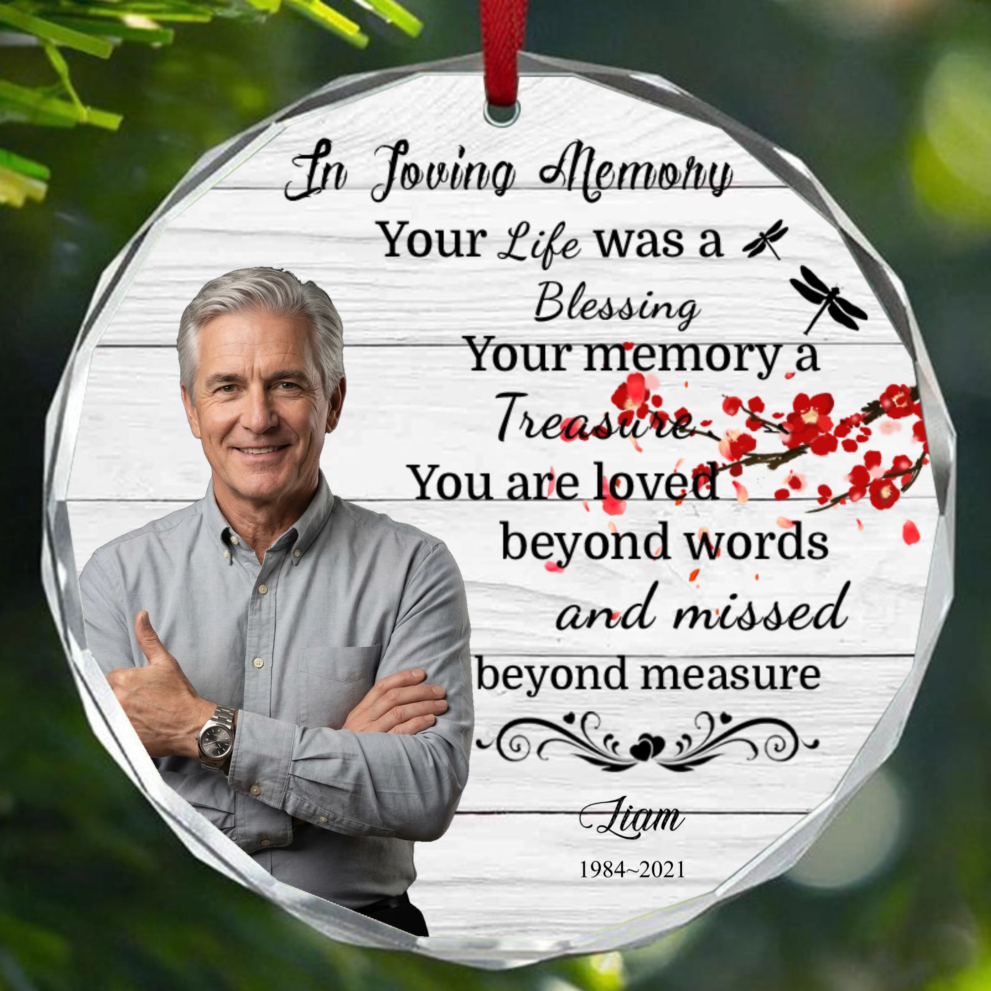 Crystal Round Memorial Ornament, Personalized Custom Photo Keepsake with Name and Year, Sympathy Gift for Loss of Loved One, Christmas Remembrance Decoration for Family