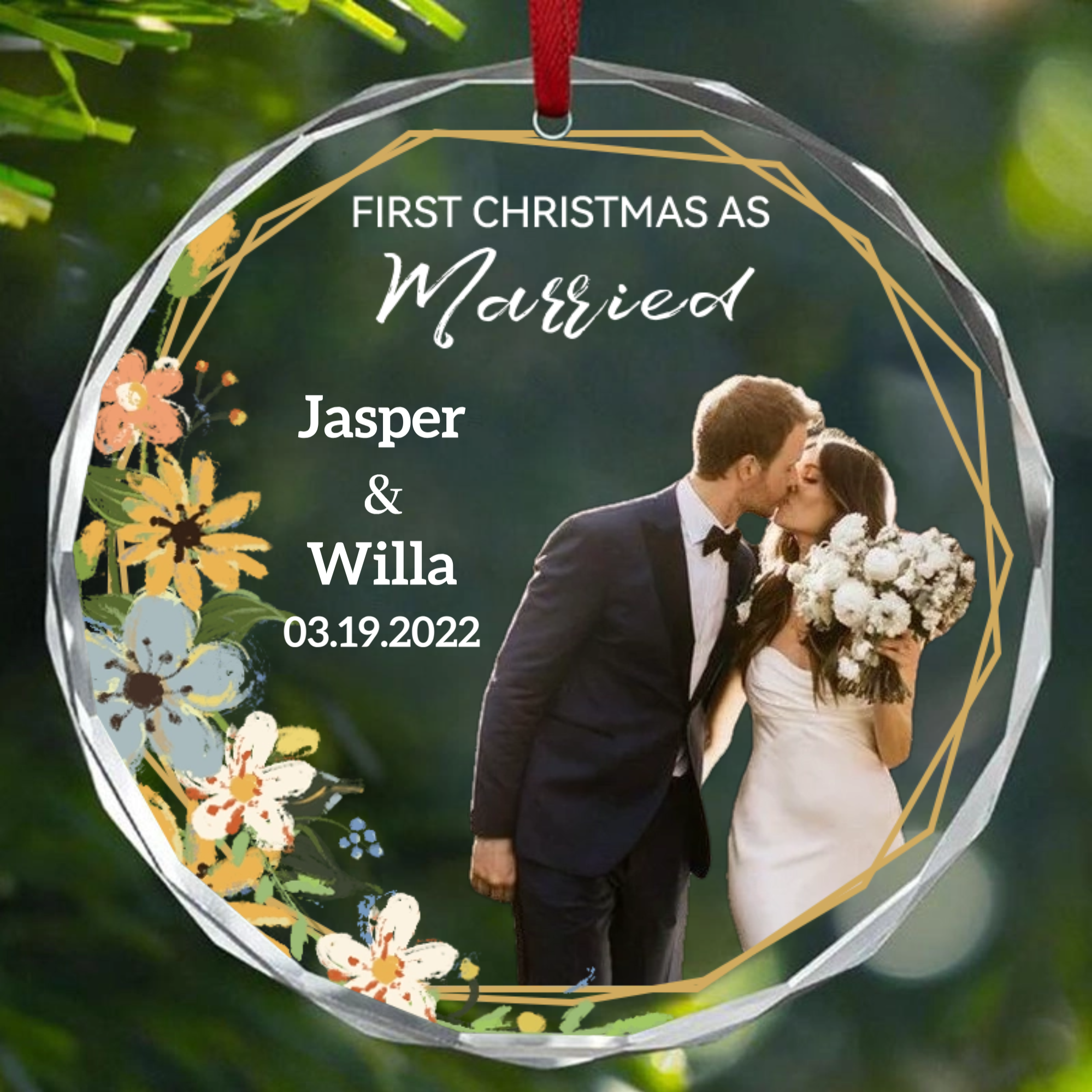Personalized Crystal Round Ornament, Custom Christmas Keepsake with Photo and Text, First Christmas Gift for Couples, Wedding, Anniversary