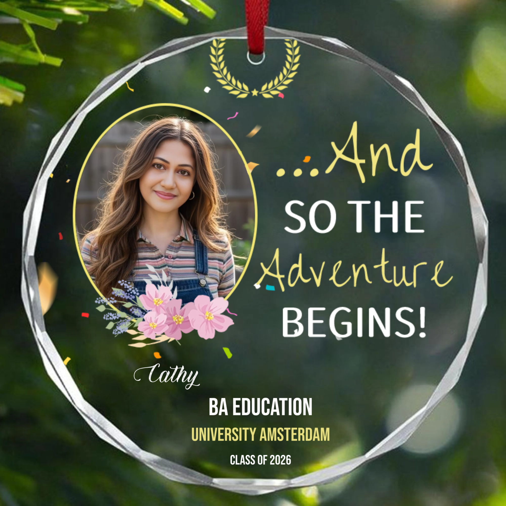Personalized Round Crystal Glass Ornament – Custom Photo and Message; Ideal Back-to-School Gift for College Freshmen