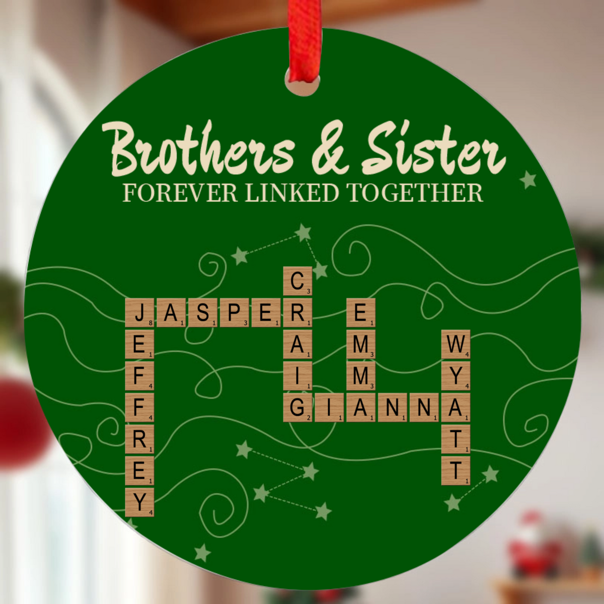 "Siblings United In Heart" – Custom Surname Crossword Puzzle & Personalized Round Ceramic Ornament