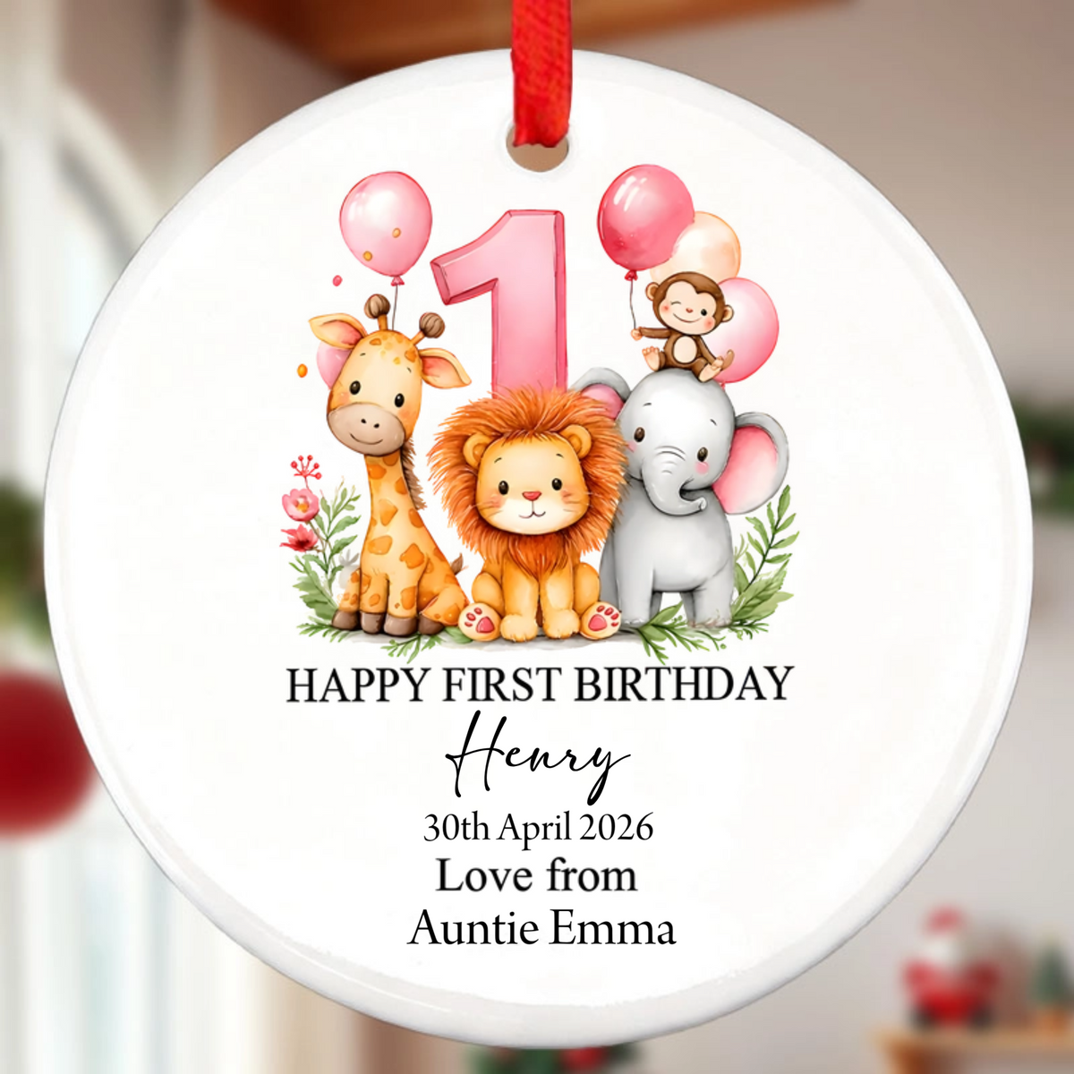 Personalized Safari First Birthday Ornament Design, Custom Ceramic Keepsake Ornament, The Perfect Gift For Baby’s First Birthday