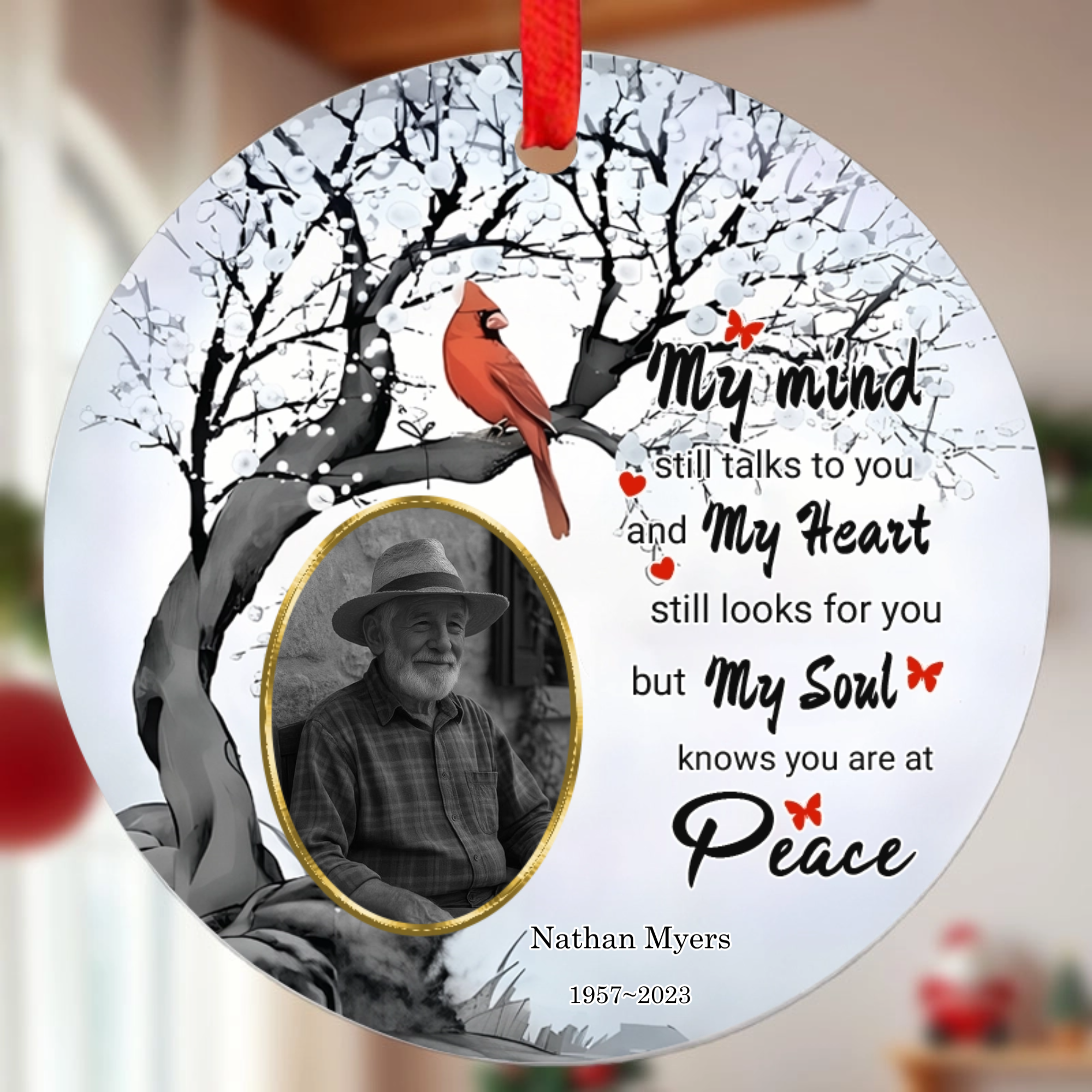 Personalized White Ceramic Hanging Ornament – Custom Photo and Text; A Comforting Keepsake for Those Who Have Lost a Loved One