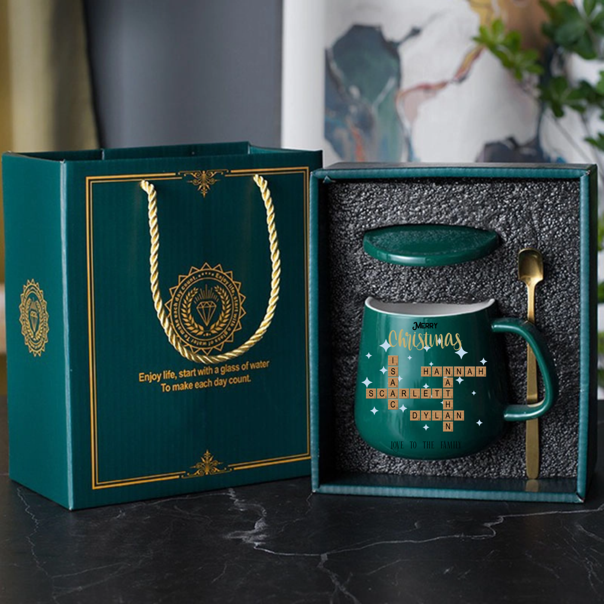 Merry Christmas Crossword Personalized Mug Gift Set, Complete Gift for Family, Couples, Christmas Lovers, Perfect for Christmas Party, New Year Celebration