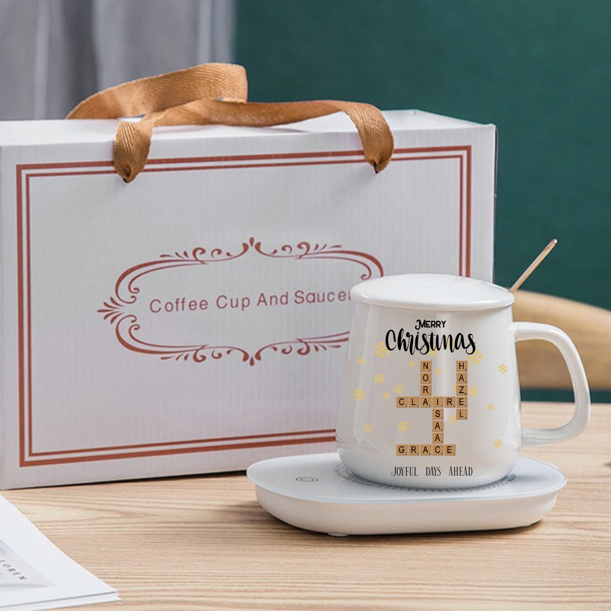 Personalized Merry Christmas Crossword 55-degree Constant Temperature Mug, Heartwarming Gift for Family, Christmas Celebration and Holiday Gathering