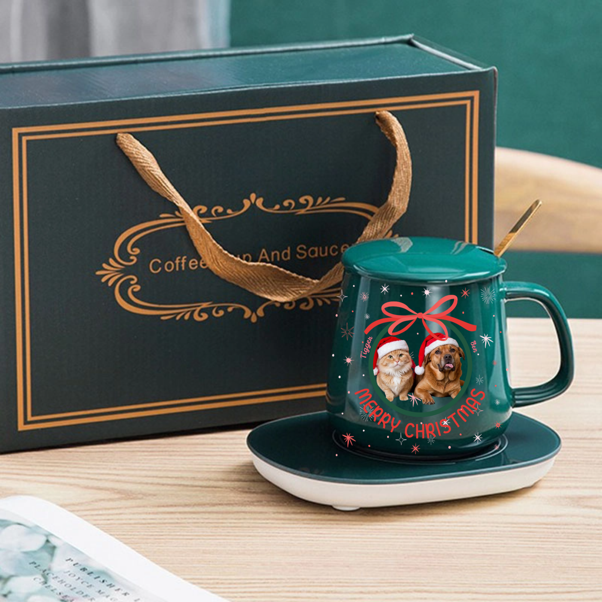 Christmas Bow Personalized Photo Thermostatic Mug Set, Gift for Family, Christmas Lovers, Office Exchange, Holiday Party & New Year Gift